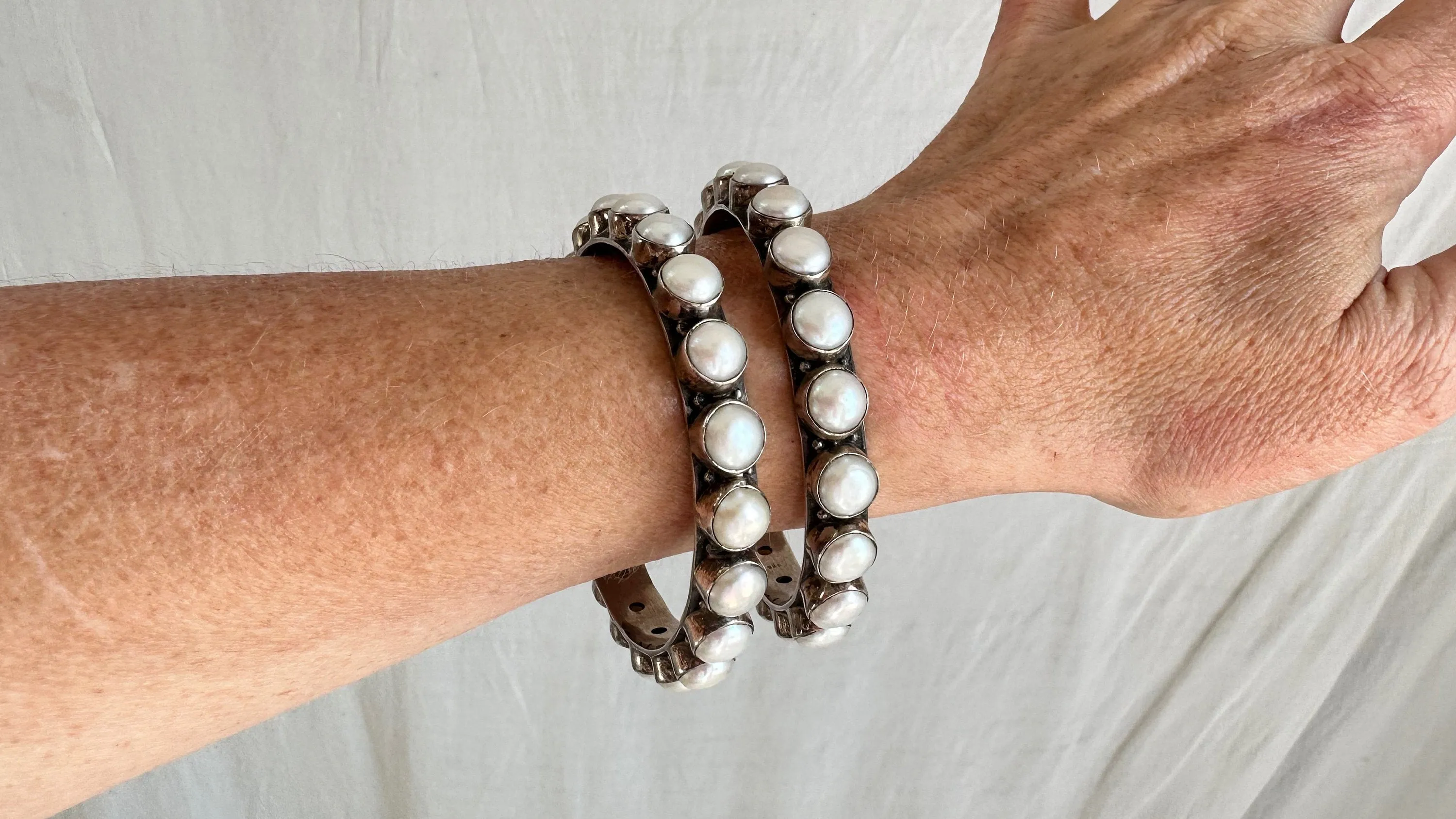 PAIR of Pearl & Sterling Silver Bangles. India. 1038