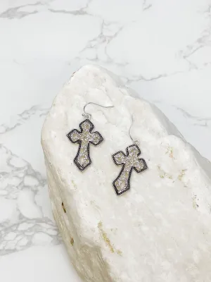 Pave Cross Silver Dangle Earrings