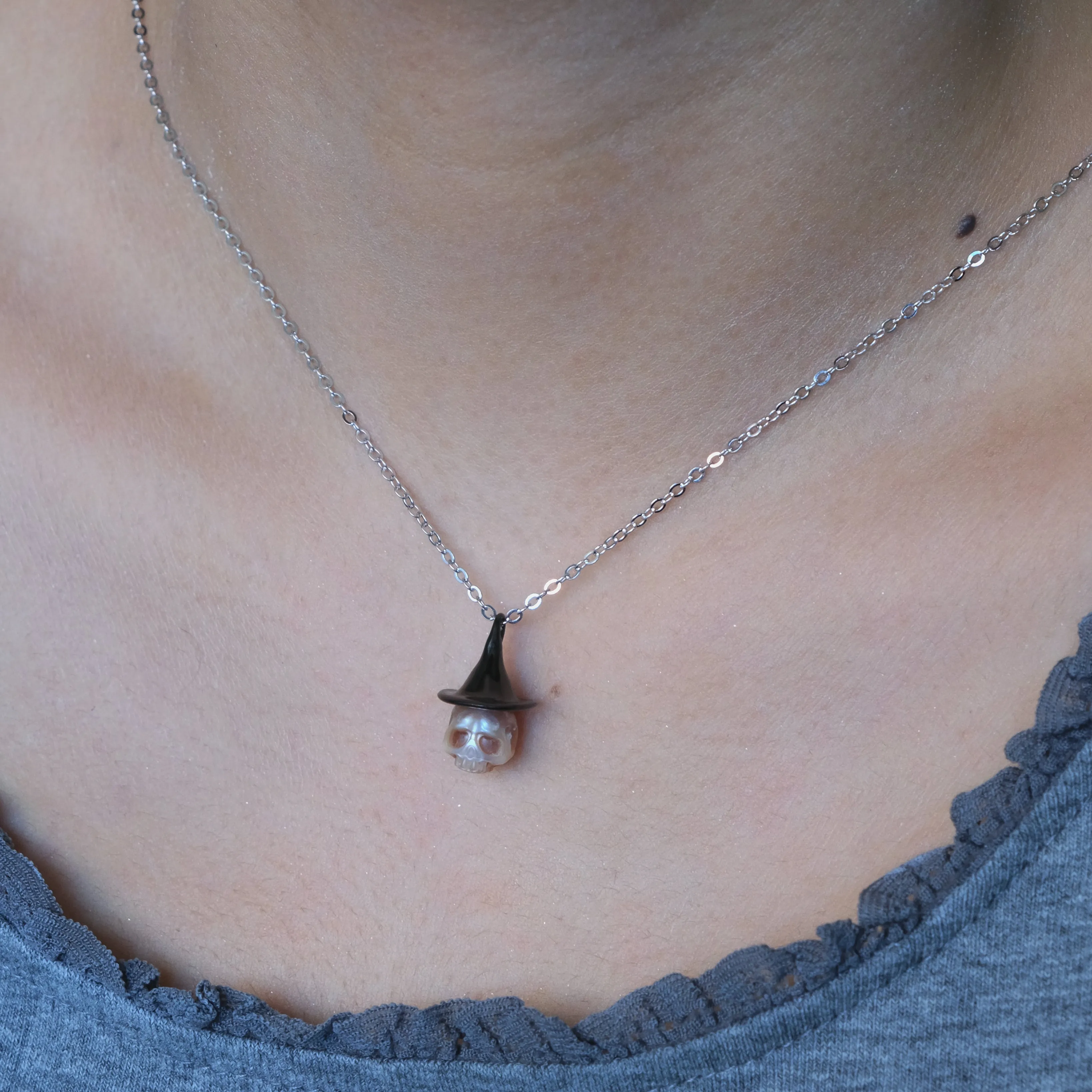 Pearl Carved Cranium Witch Hat Pendant