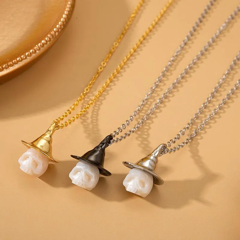Pearl Carved Cranium Witch Hat Pendant