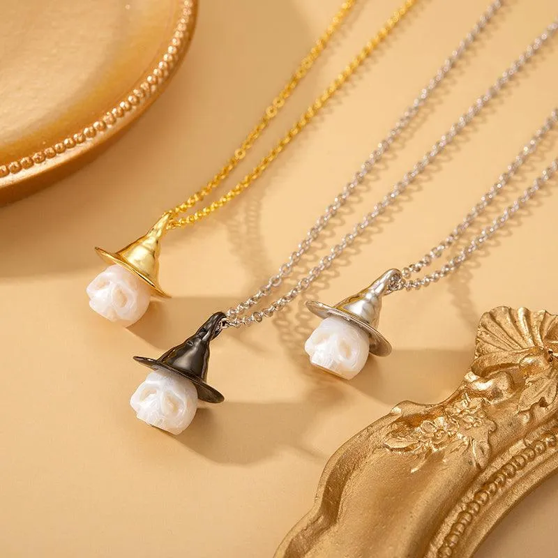 Pearl Carved Cranium Witch Hat Pendant