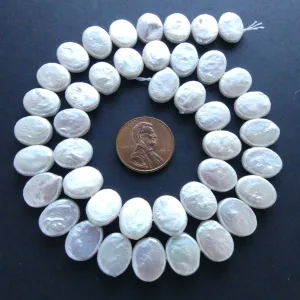 Pearls, White, Flat Ovals Center Drilled, 10x12mm on 16-inch Strands