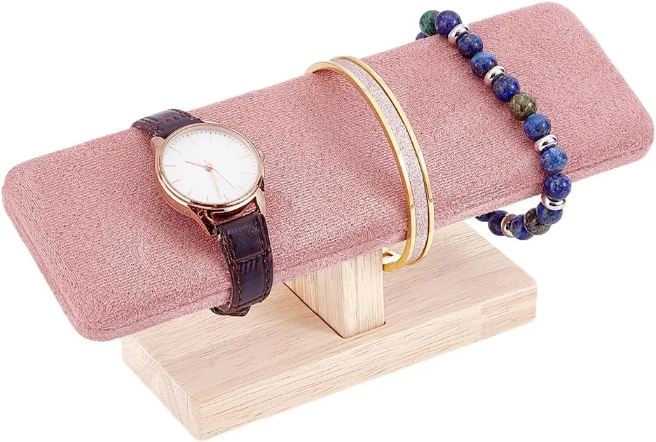 PH PandaHall Wooden Watch Display Stand, Velvet T-Bar Bracelet Holder Hair Tied Pink Jewelry Organizer Watch Organizer Jewelry Display Anklet Tower Rack for Selling Show Home Use Retail Display