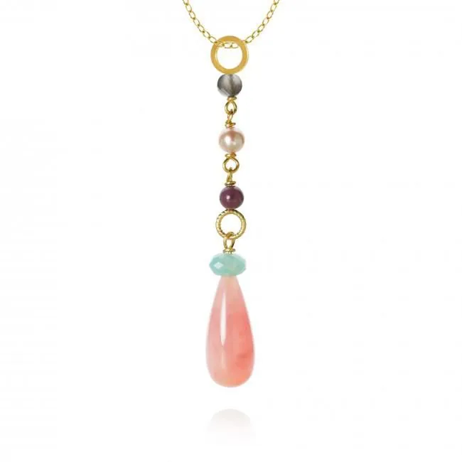 Piccolo DaybreakDrop 18K Gold Pendant w. Quartz, Ruby, Amazonite, Moonstone & Pearl