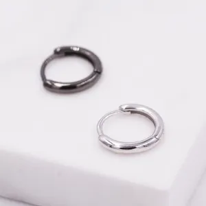 Plain Huggie Hoop in Sterling Silver, Polished Minimalist Hoop Earrings, Black Hoop Earrings,  Two Sizes Available, Simple Circle Hoops