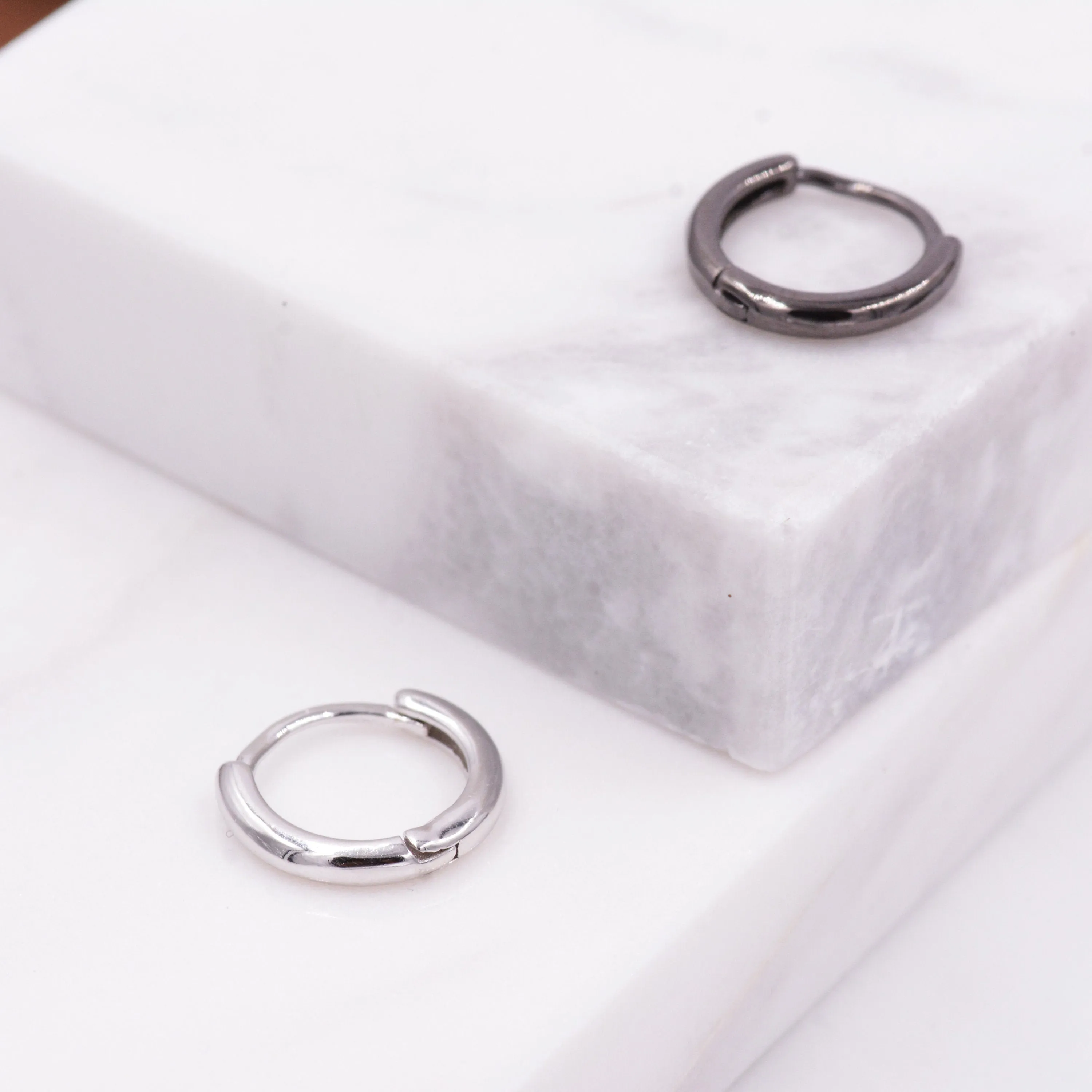 Plain Huggie Hoop in Sterling Silver, Polished Minimalist Hoop Earrings, Black Hoop Earrings,  Two Sizes Available, Simple Circle Hoops