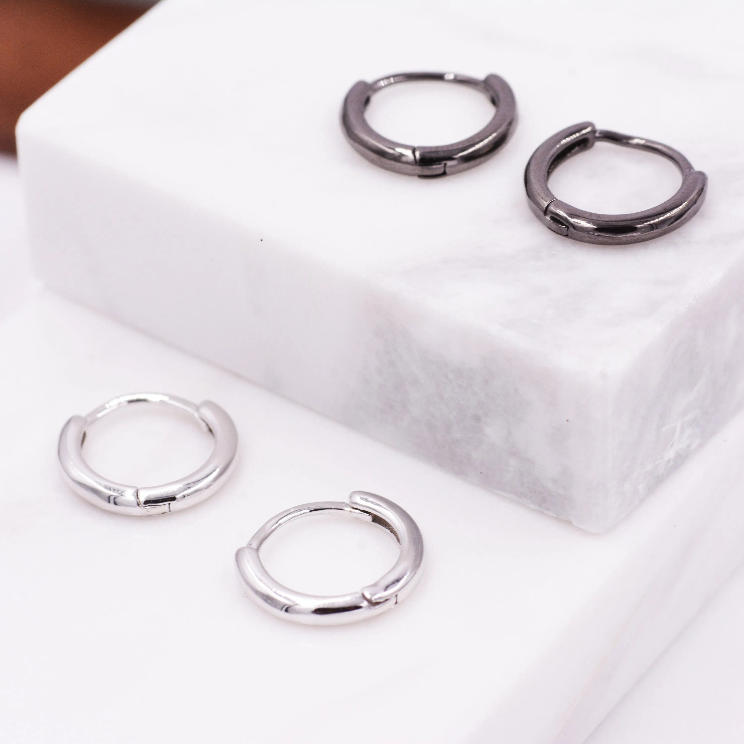 Plain Huggie Hoop in Sterling Silver, Polished Minimalist Hoop Earrings, Black Hoop Earrings,  Two Sizes Available, Simple Circle Hoops