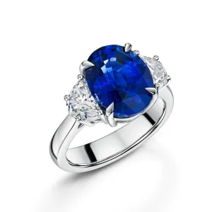 Platinum Oval-Cut Sapphire & Moon-Cut Diamond Three Stone Ring 7.60ct