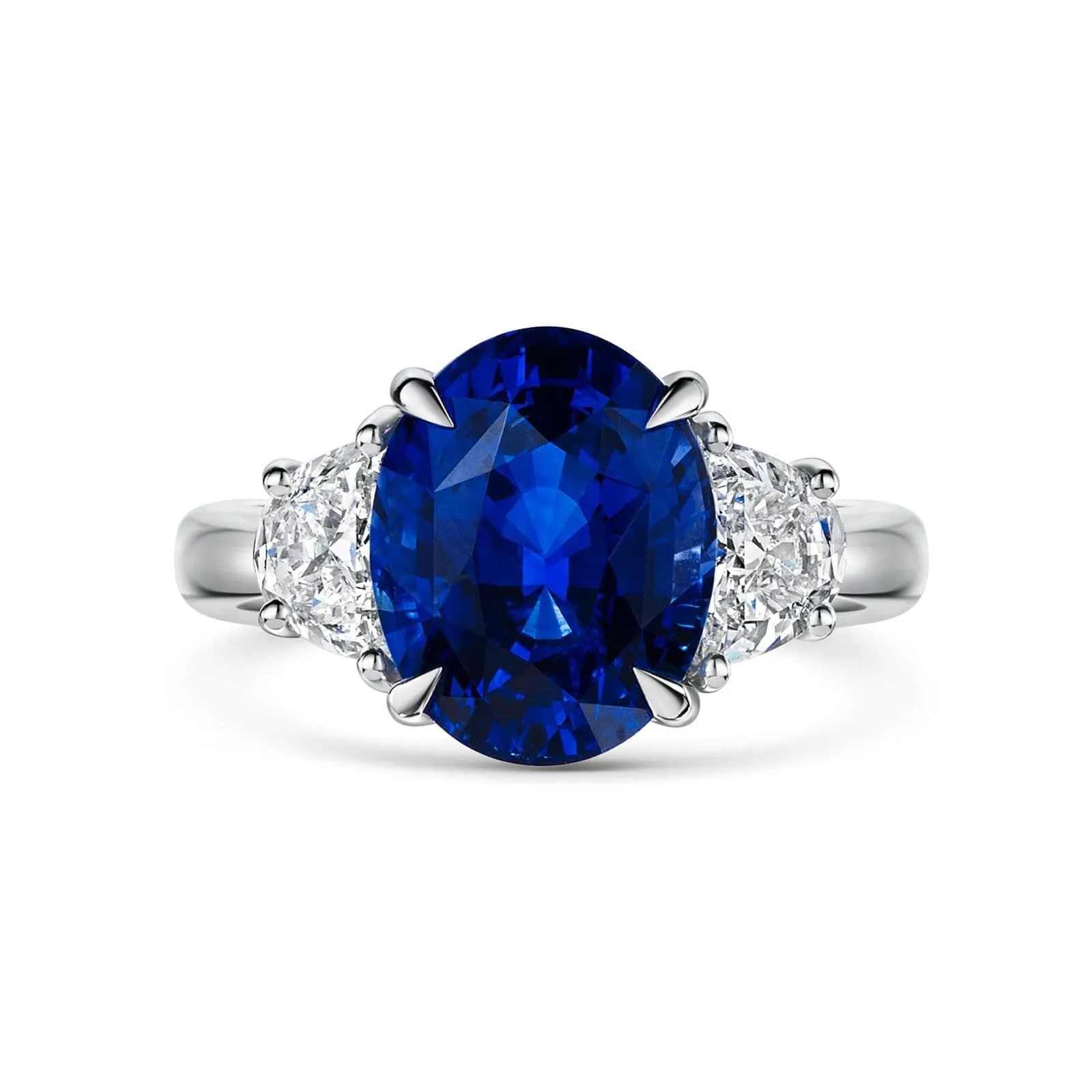 Platinum Oval-Cut Sapphire & Moon-Cut Diamond Three Stone Ring 7.60ct