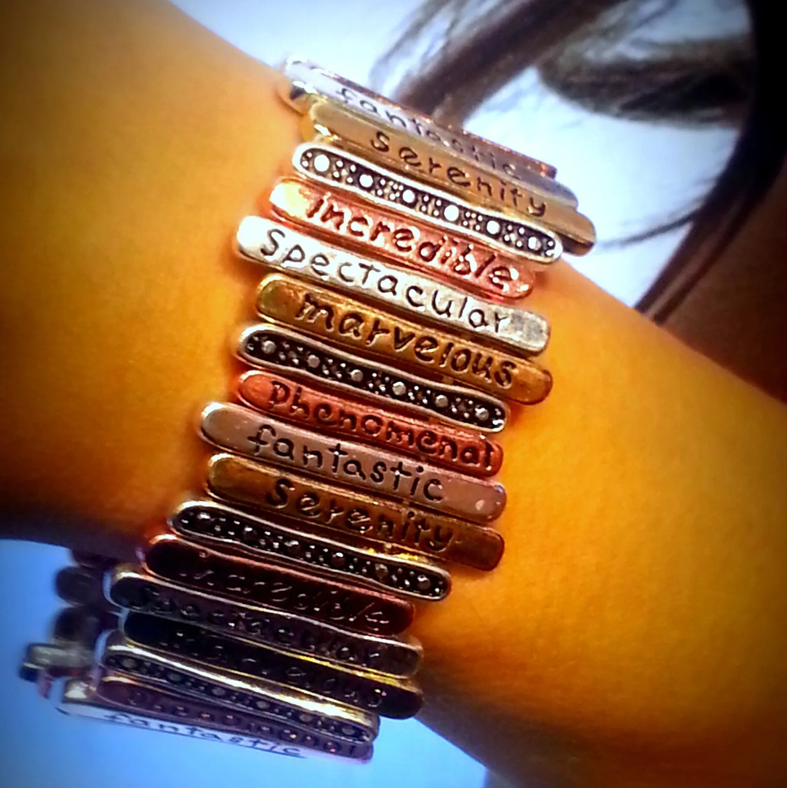 'Positive Infinity' Engraved Bronze Metal-Art Stretch Bracelet
