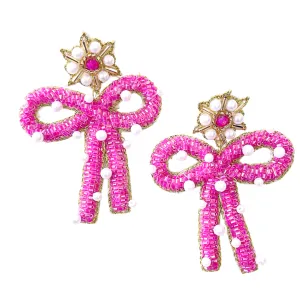 Preppy Pink Beaded Bow Earrings