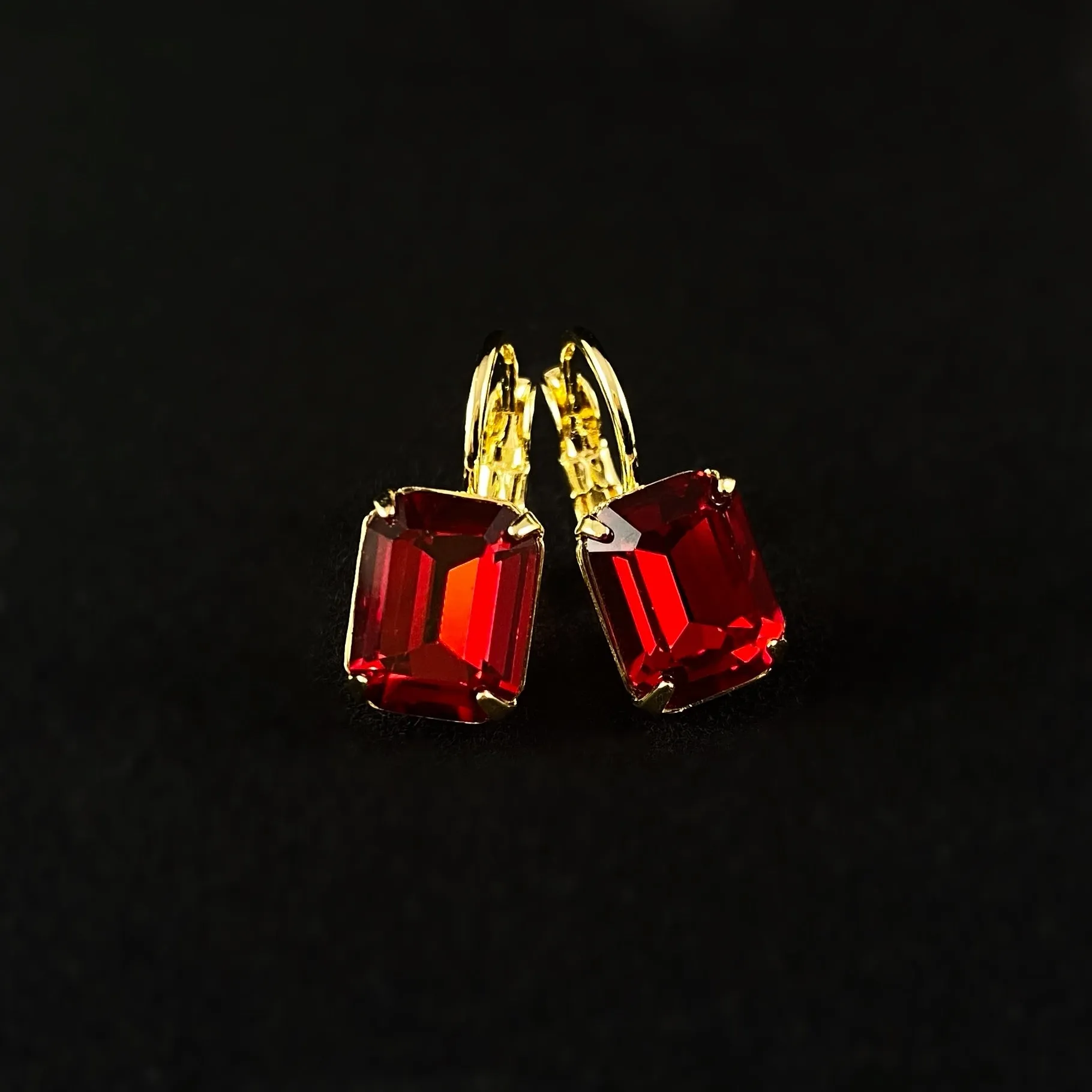 Red Colored Emerald Cut Crystal Earrings with Gold Finish, Octavia - Sorrelli