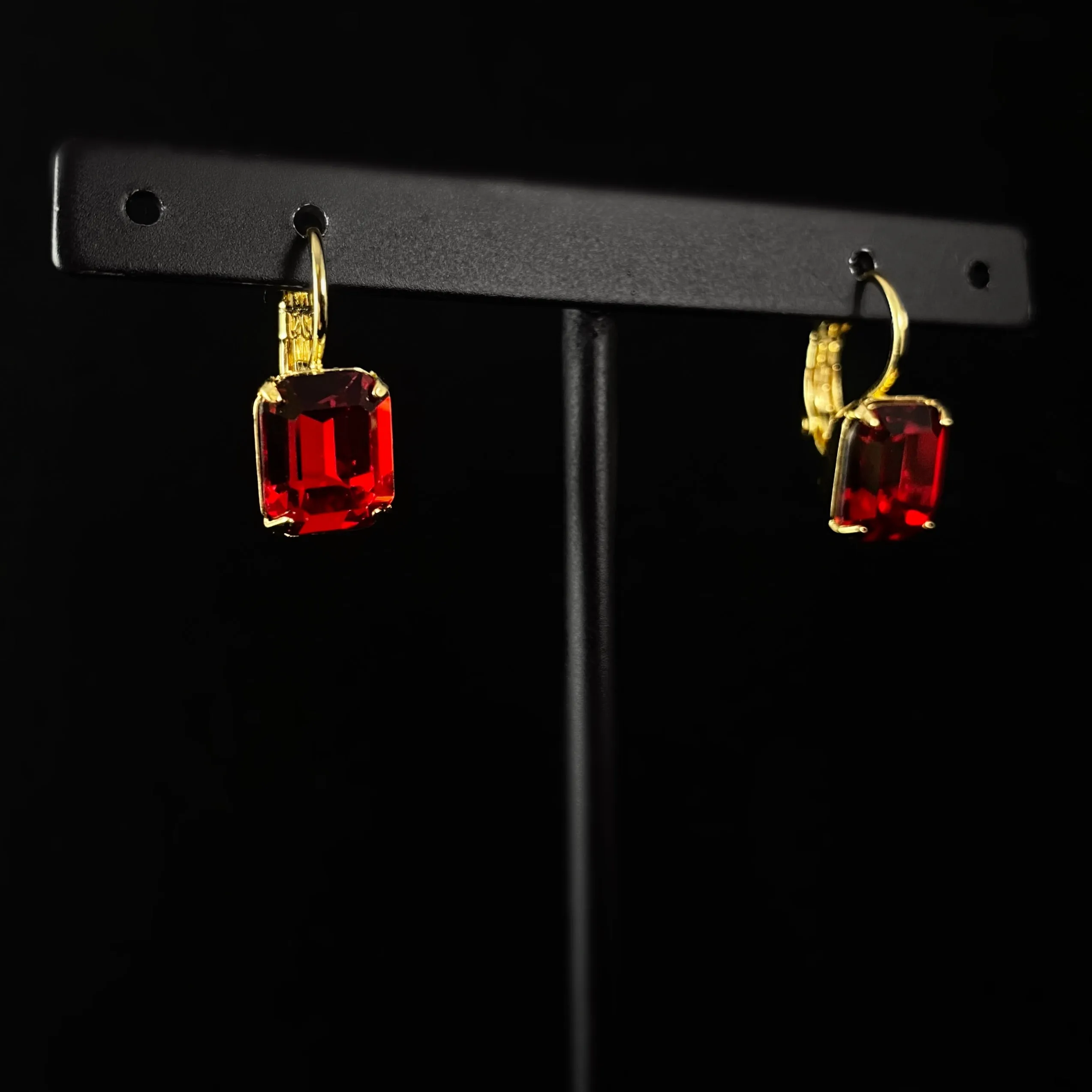 Red Colored Emerald Cut Crystal Earrings with Gold Finish, Octavia - Sorrelli