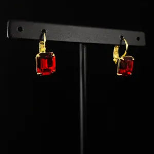Red Colored Emerald Cut Crystal Earrings with Gold Finish, Octavia - Sorrelli