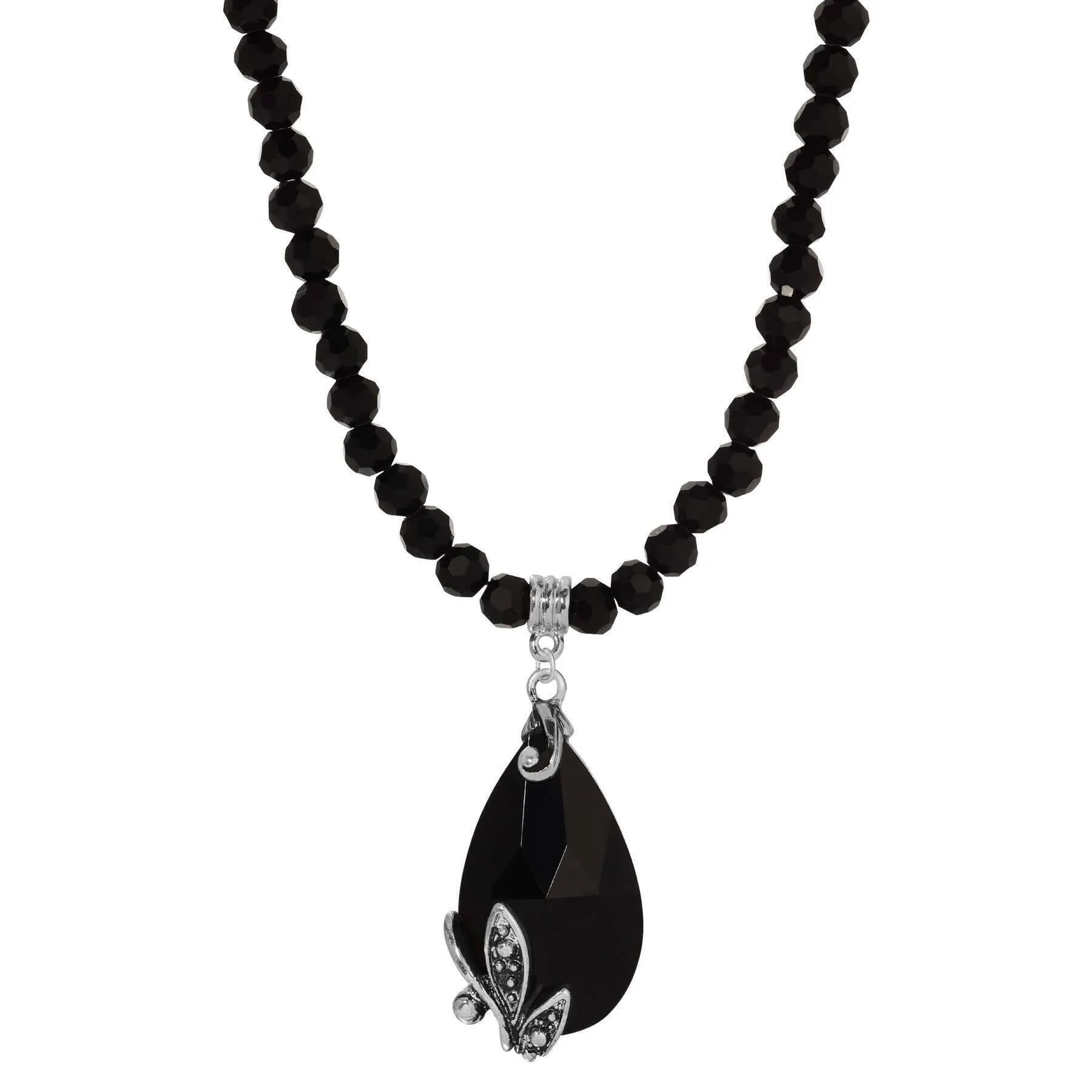 Regency Regal Jet Black Teardrop Crystal Pendant Glass Bead Strand Necklace 15"   3" Extender
