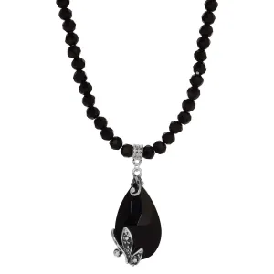 Regency Regal Jet Black Teardrop Crystal Pendant Glass Bead Strand Necklace 15"   3" Extender