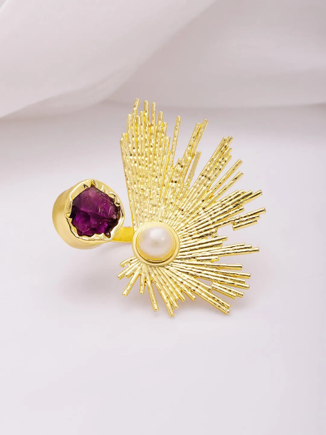 Rubans 18KT Gold-Plated Crystal Studded & Beaded Peacock Motif Ring