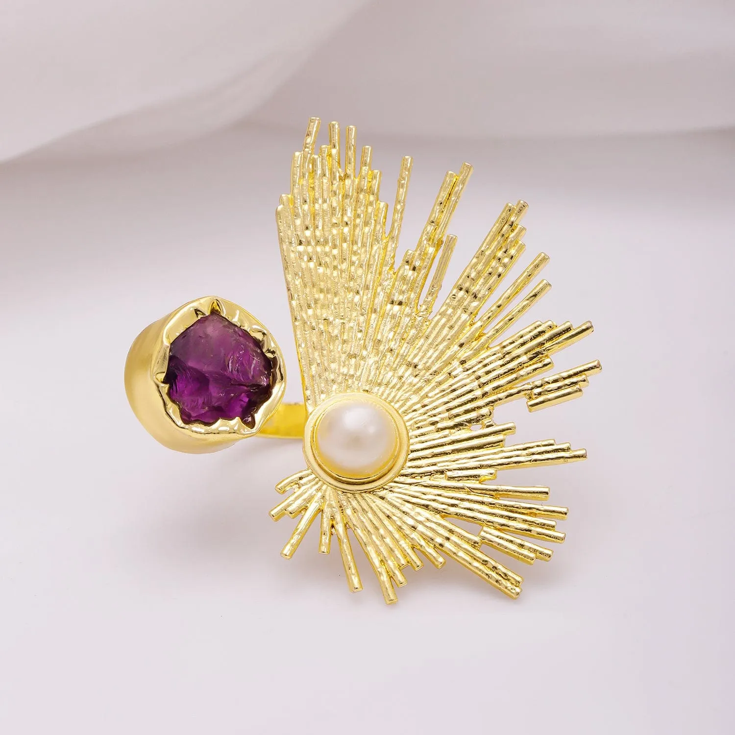Rubans 18KT Gold-Plated Crystal Studded & Beaded Peacock Motif Ring