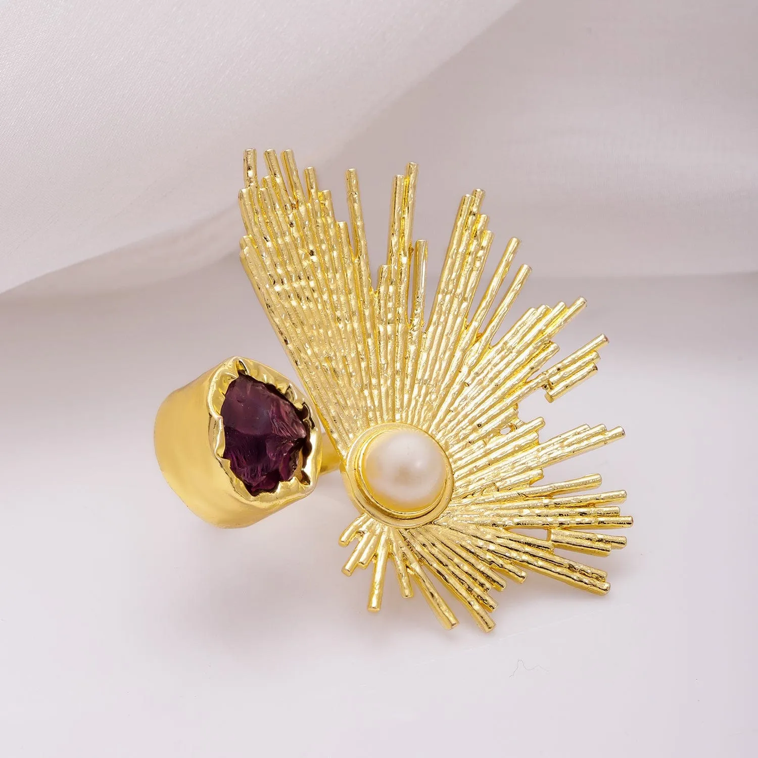 Rubans 18KT Gold-Plated Crystal Studded & Beaded Peacock Motif Ring