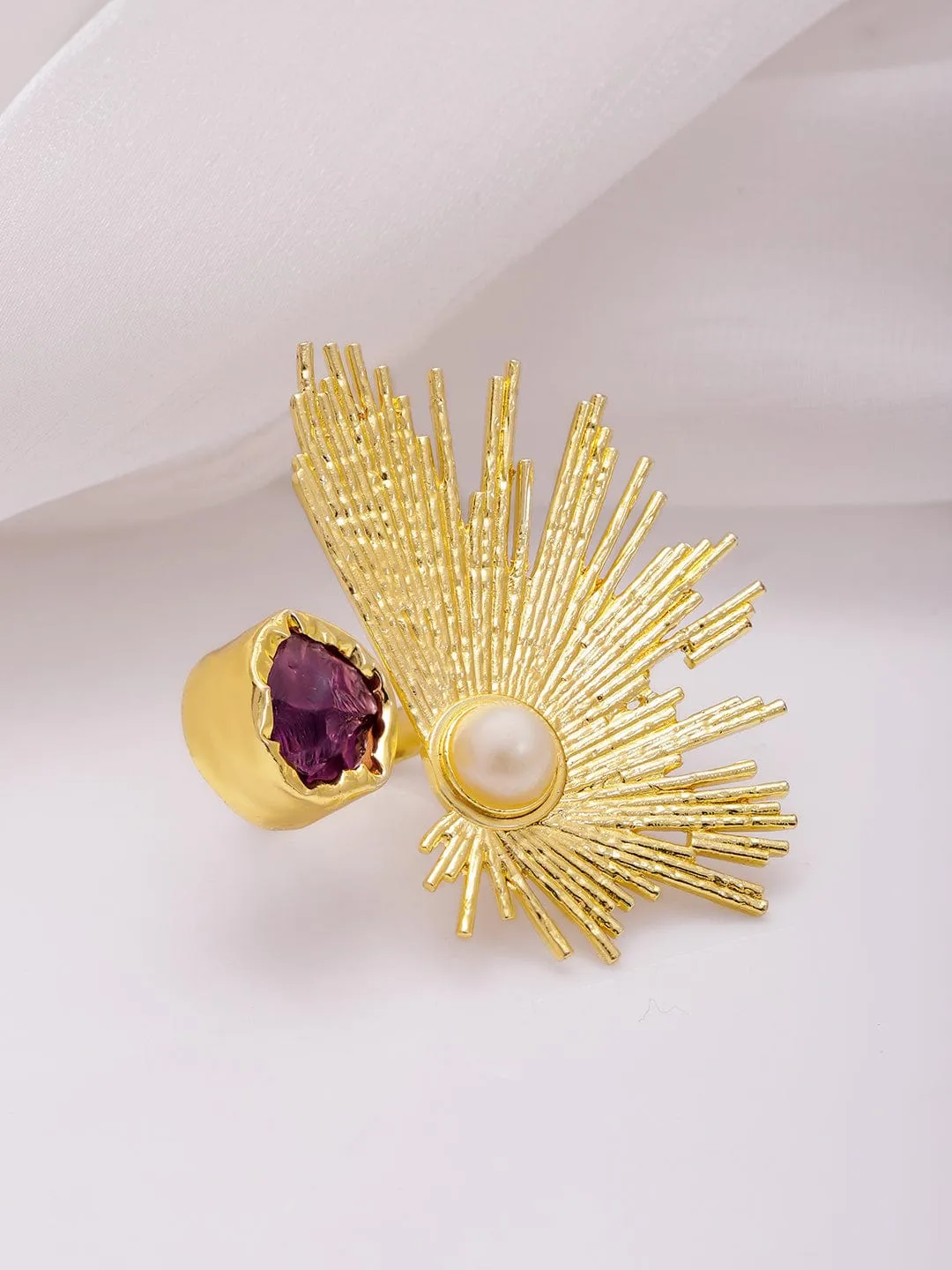 Rubans 18KT Gold-Plated Crystal Studded & Beaded Peacock Motif Ring