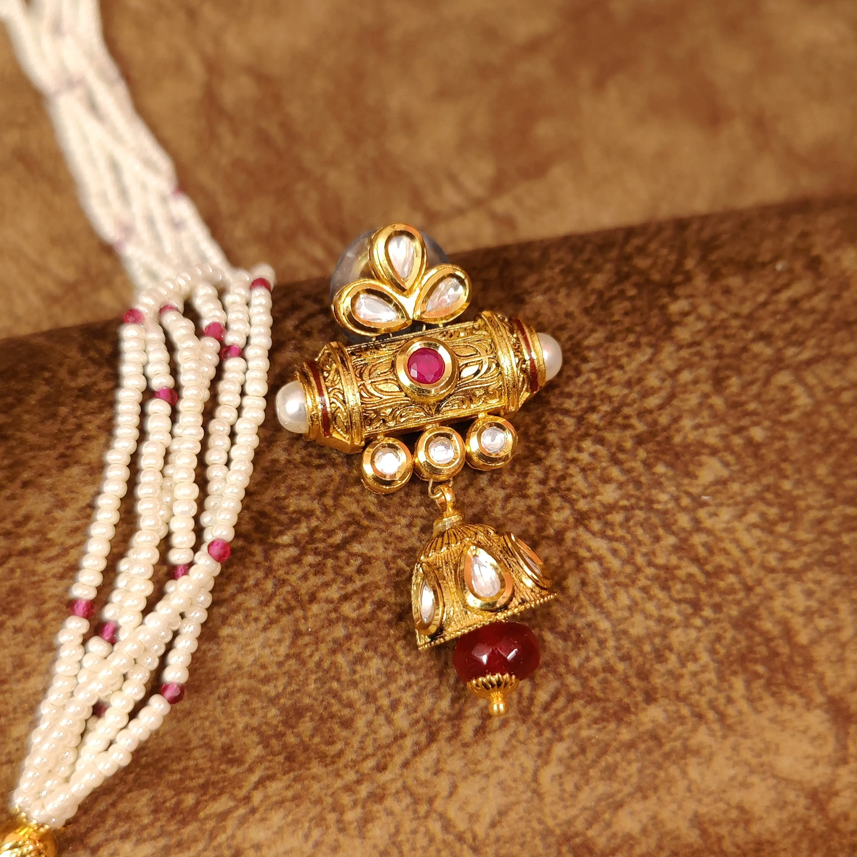 RUBY STONE GOLD PLATED KUNDAN POLKI & PEARL NECKLACE SET