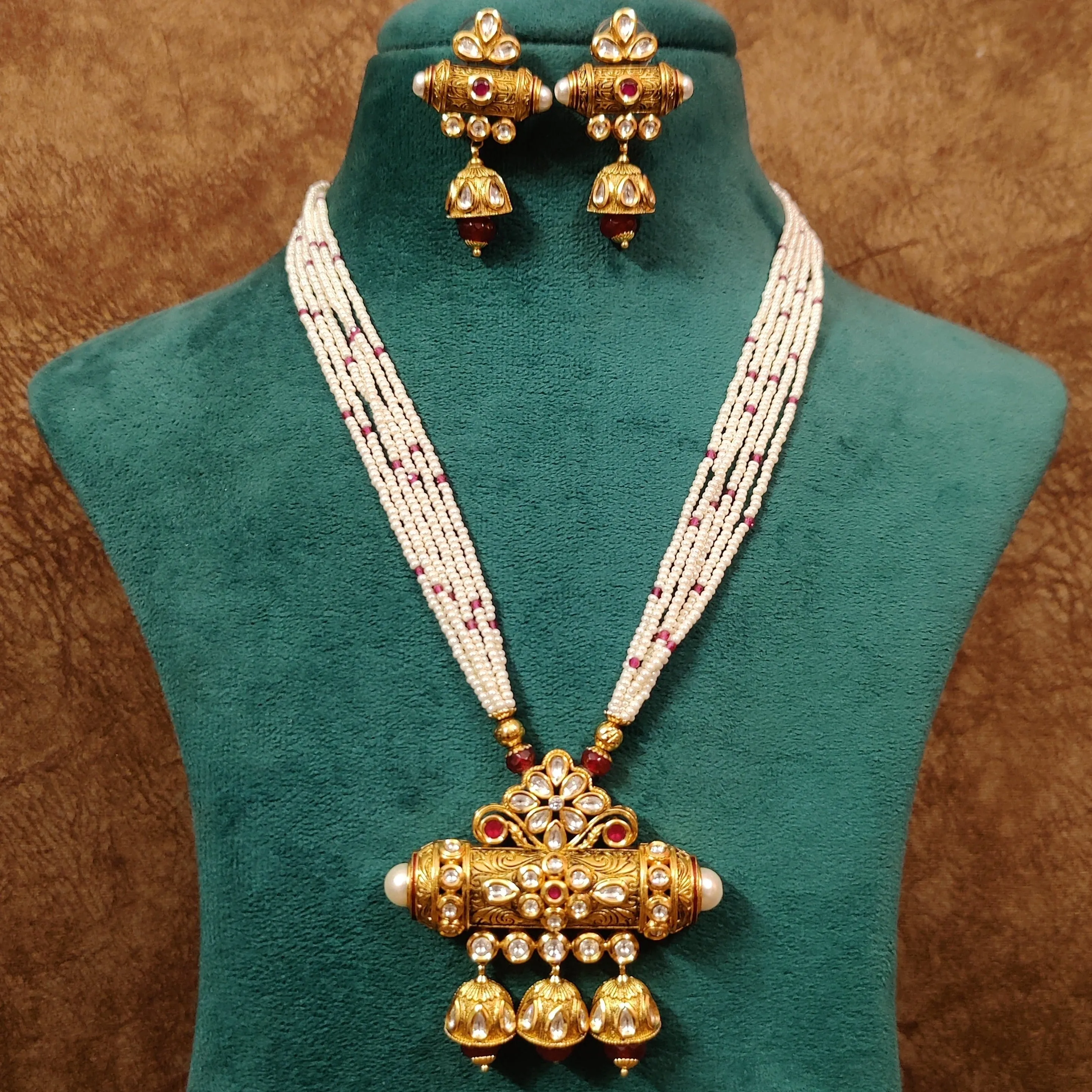 RUBY STONE GOLD PLATED KUNDAN POLKI & PEARL NECKLACE SET