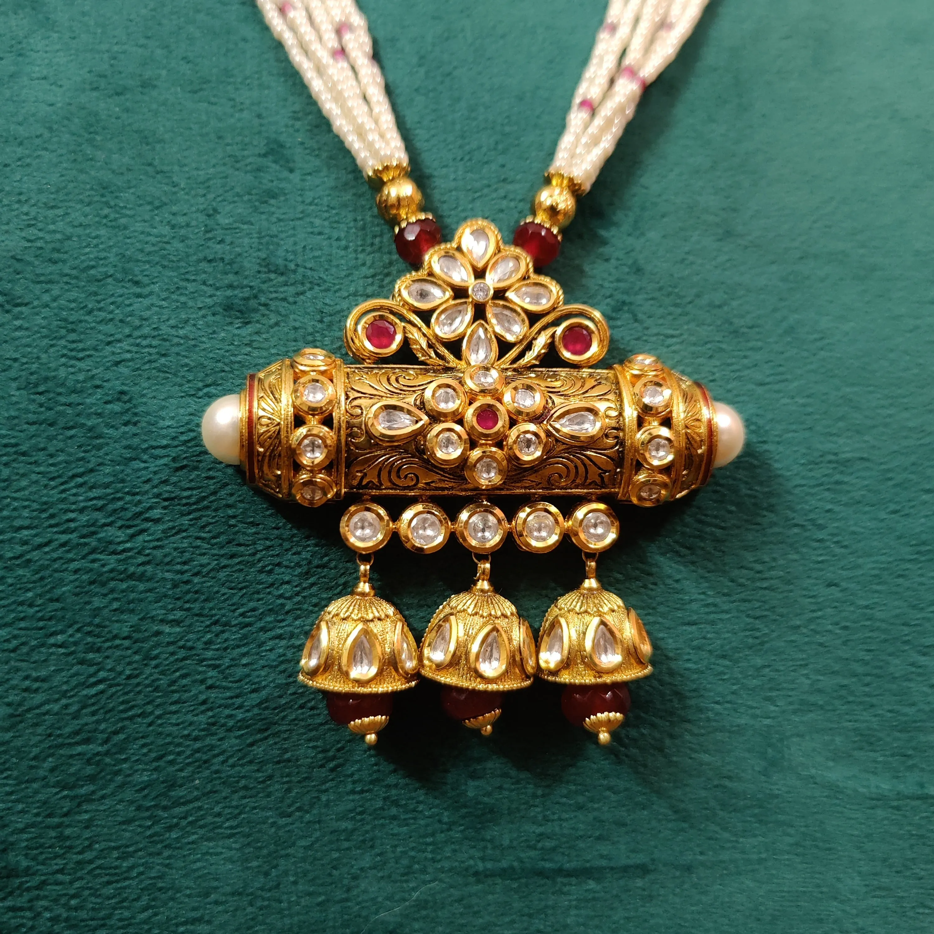 RUBY STONE GOLD PLATED KUNDAN POLKI & PEARL NECKLACE SET