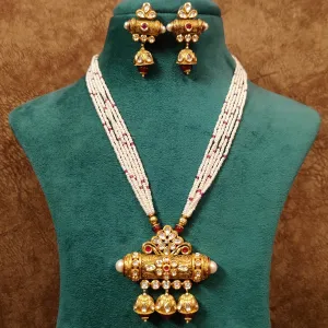 RUBY STONE GOLD PLATED KUNDAN POLKI & PEARL NECKLACE SET