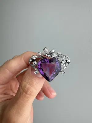 Signed French Belle Epoque Amethyst and Diamond Crowned Heart Pendant Brooch