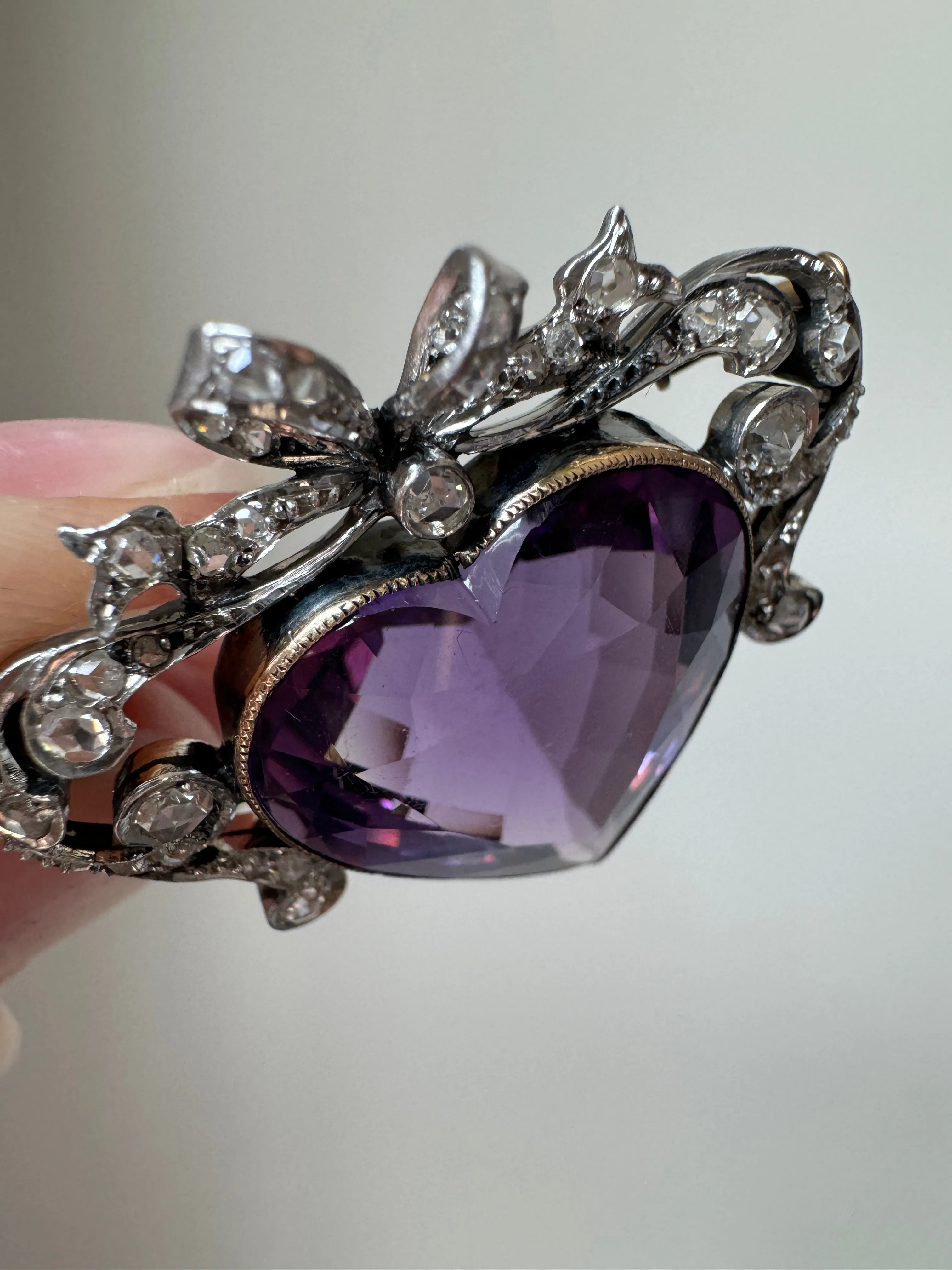 Signed French Belle Epoque Amethyst and Diamond Crowned Heart Pendant Brooch