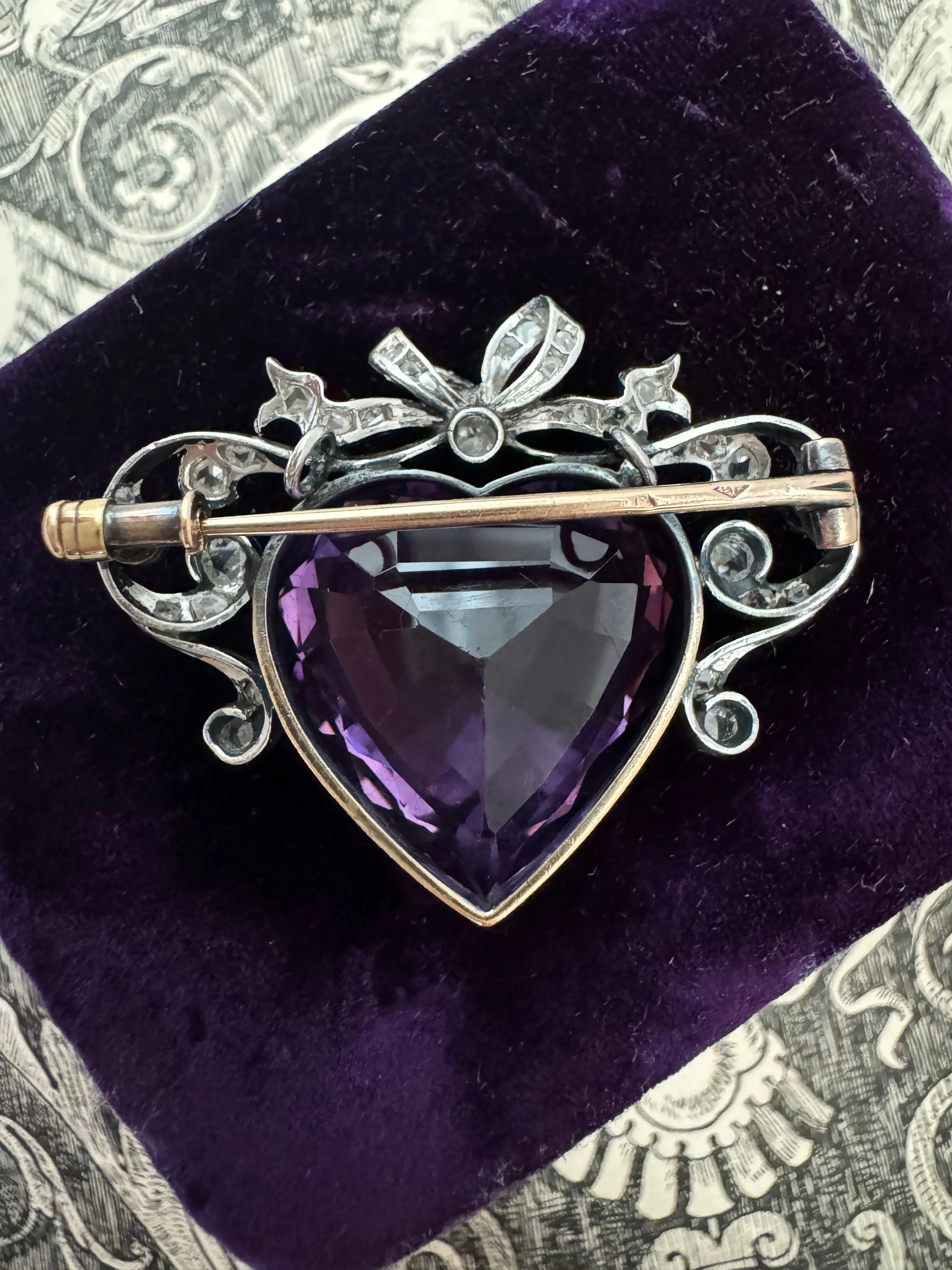 Signed French Belle Epoque Amethyst and Diamond Crowned Heart Pendant Brooch