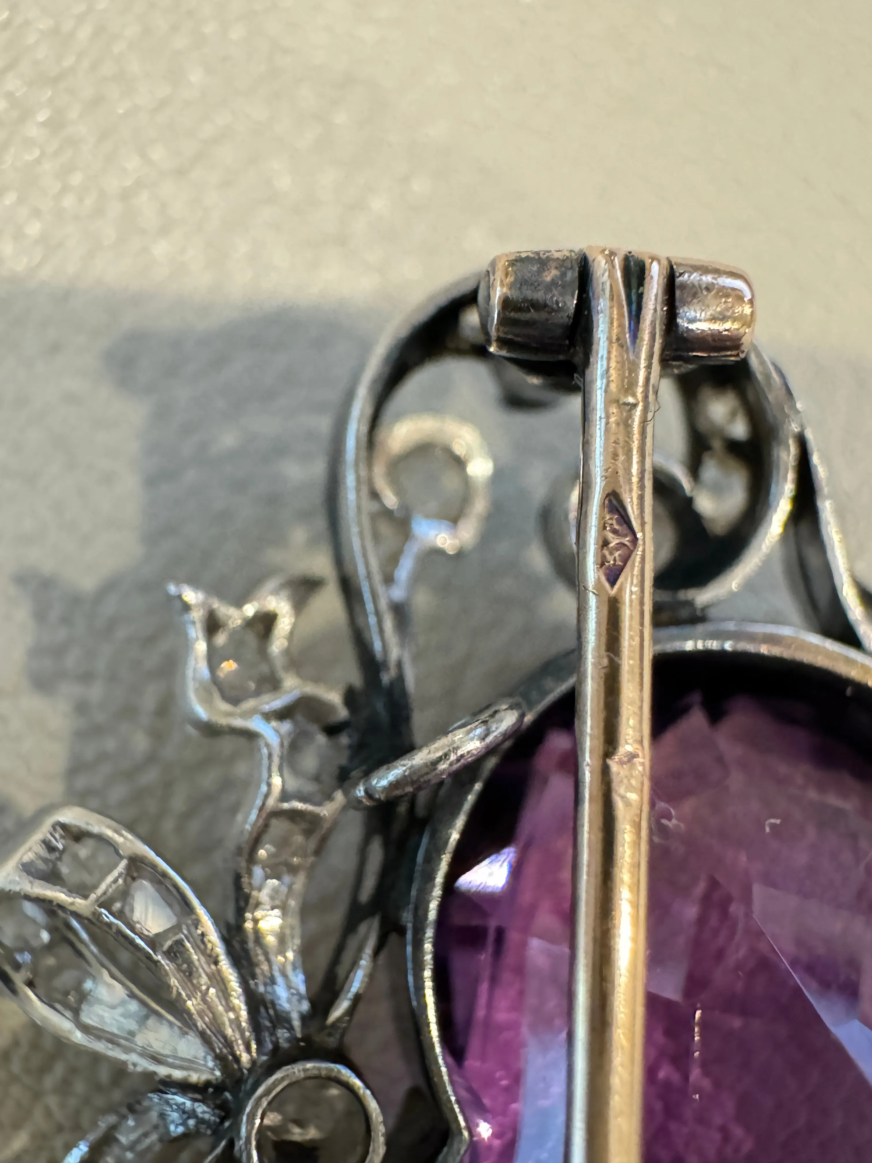 Signed French Belle Epoque Amethyst and Diamond Crowned Heart Pendant Brooch