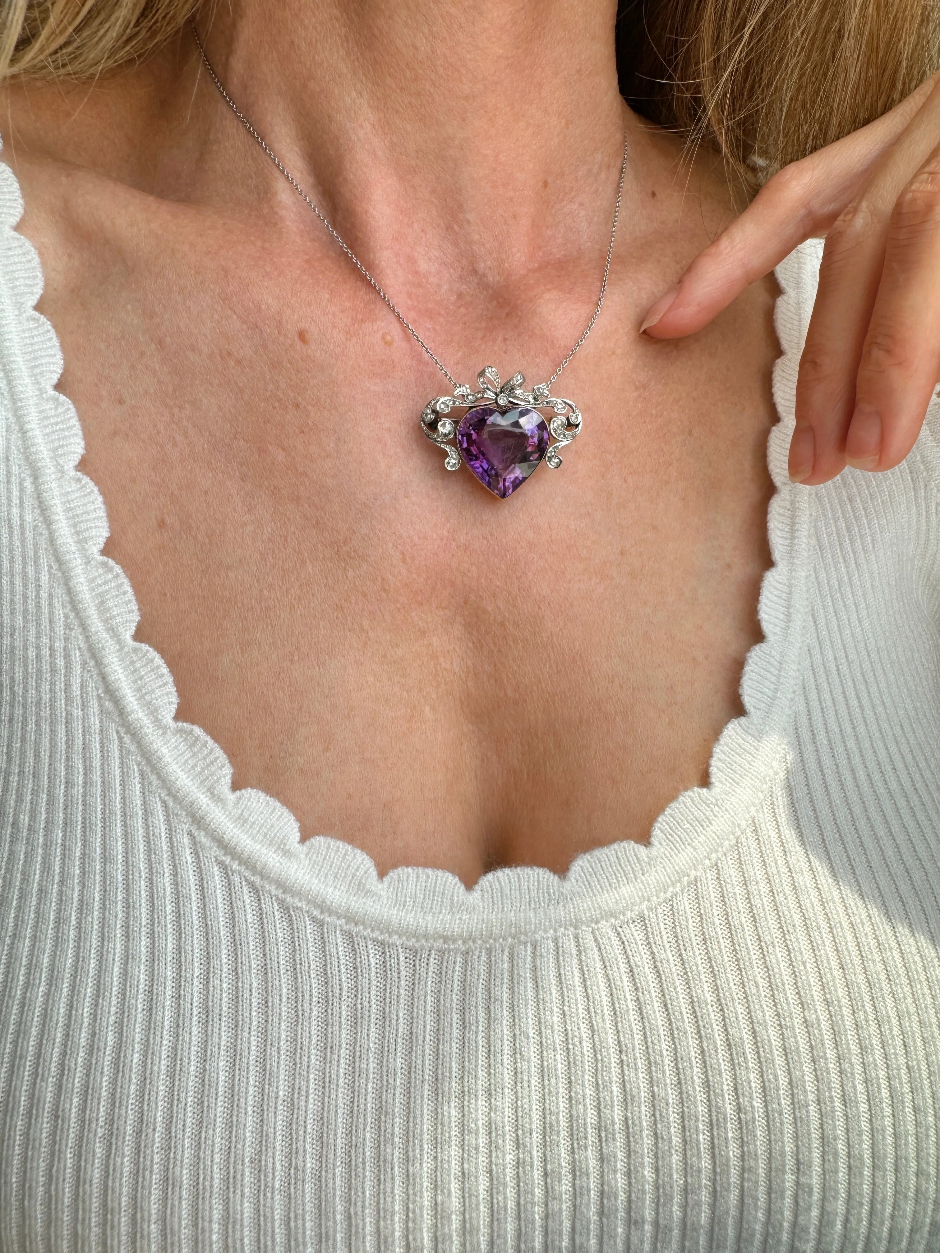 Signed French Belle Epoque Amethyst and Diamond Crowned Heart Pendant Brooch