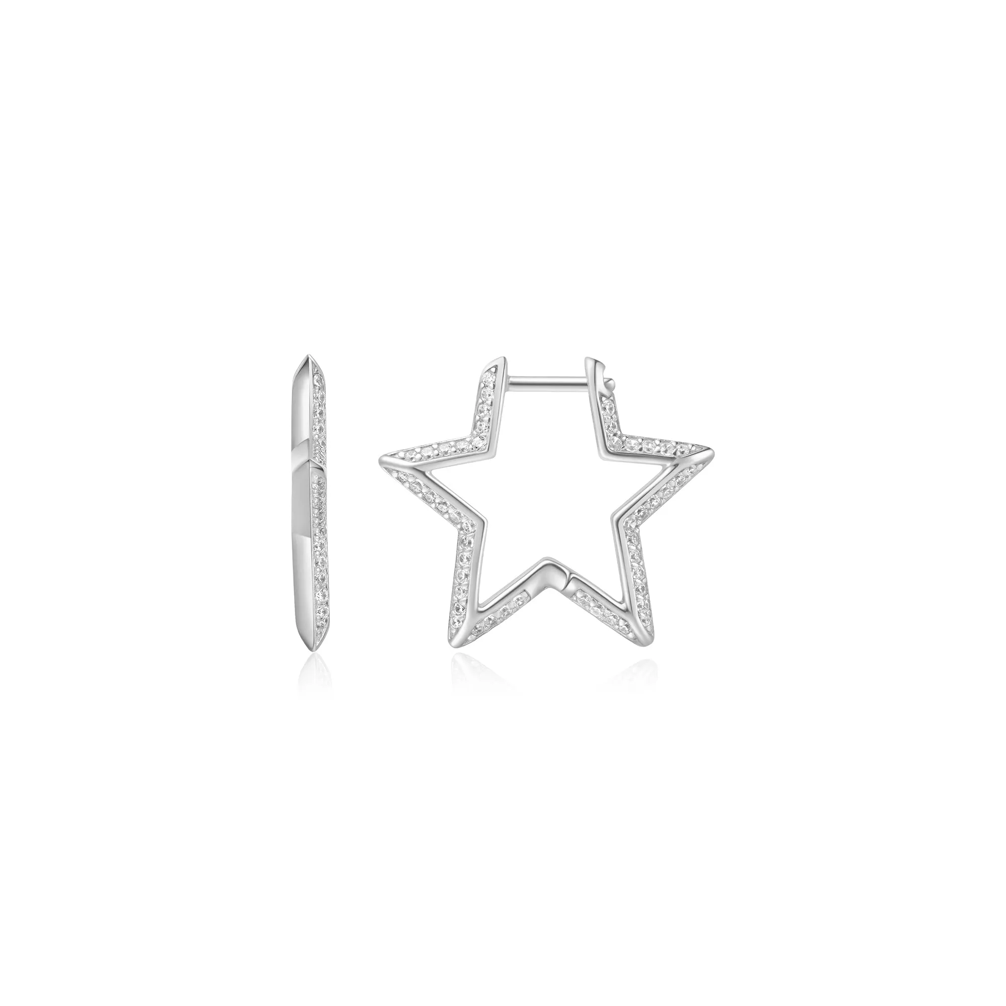 Silver Medium Star Pave Hoop Earrings