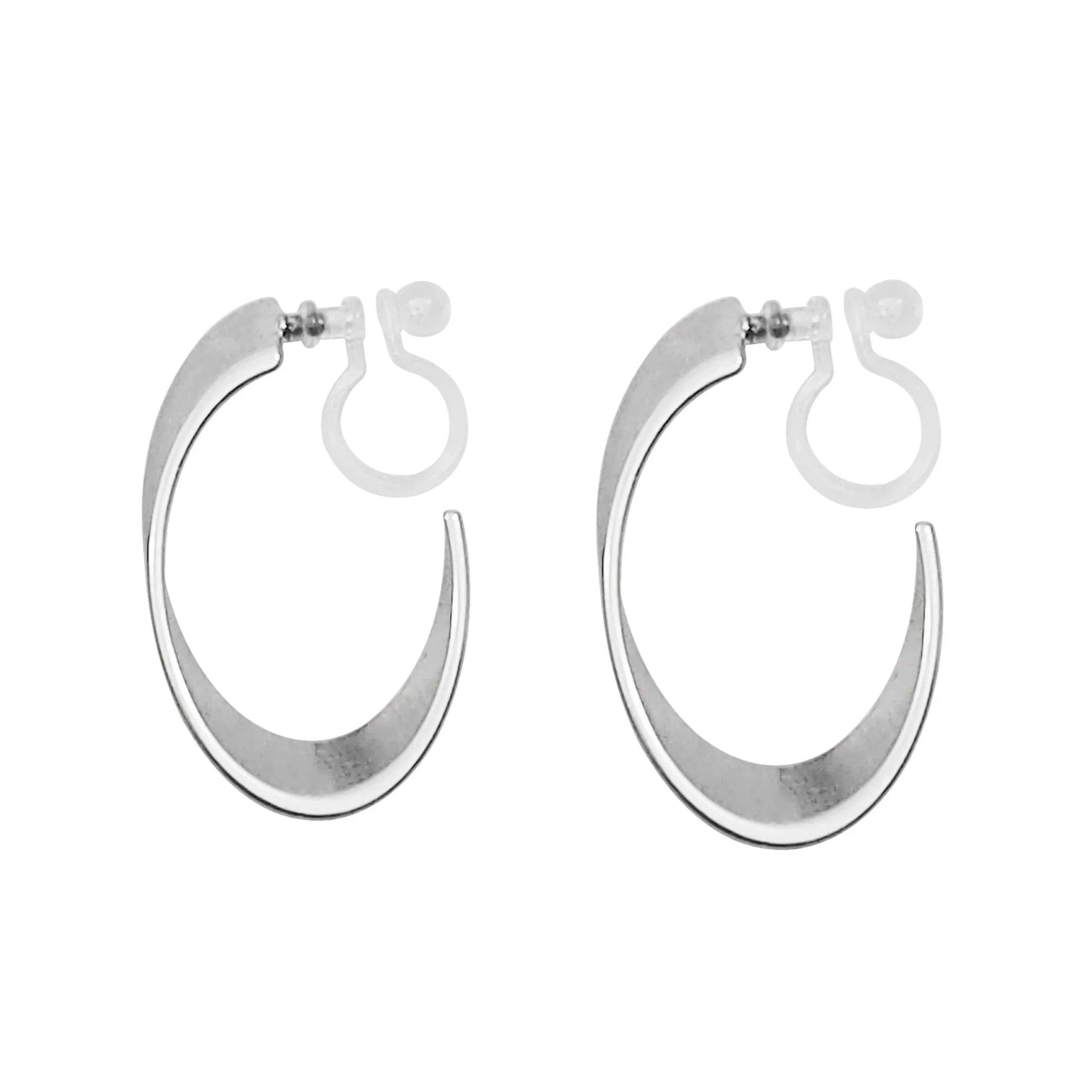 Silver Twisted Oval Invisible Clip On Hoop Earrings