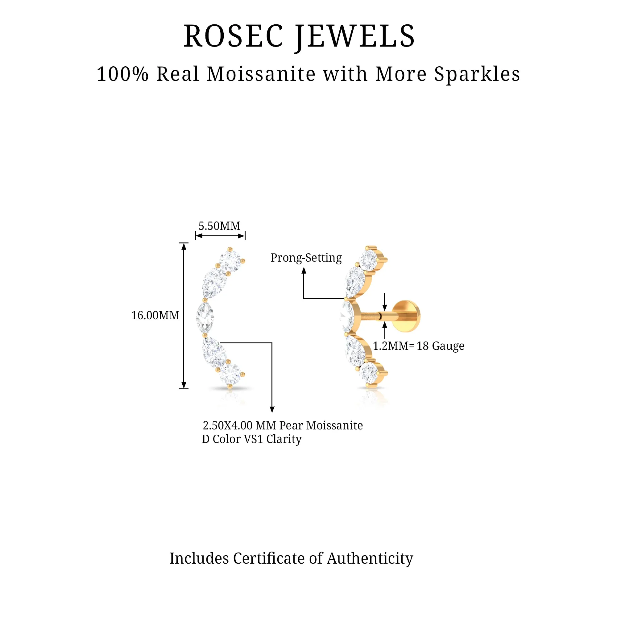 Simple Moissanite Curved Crawler Earring for Helix Piercing