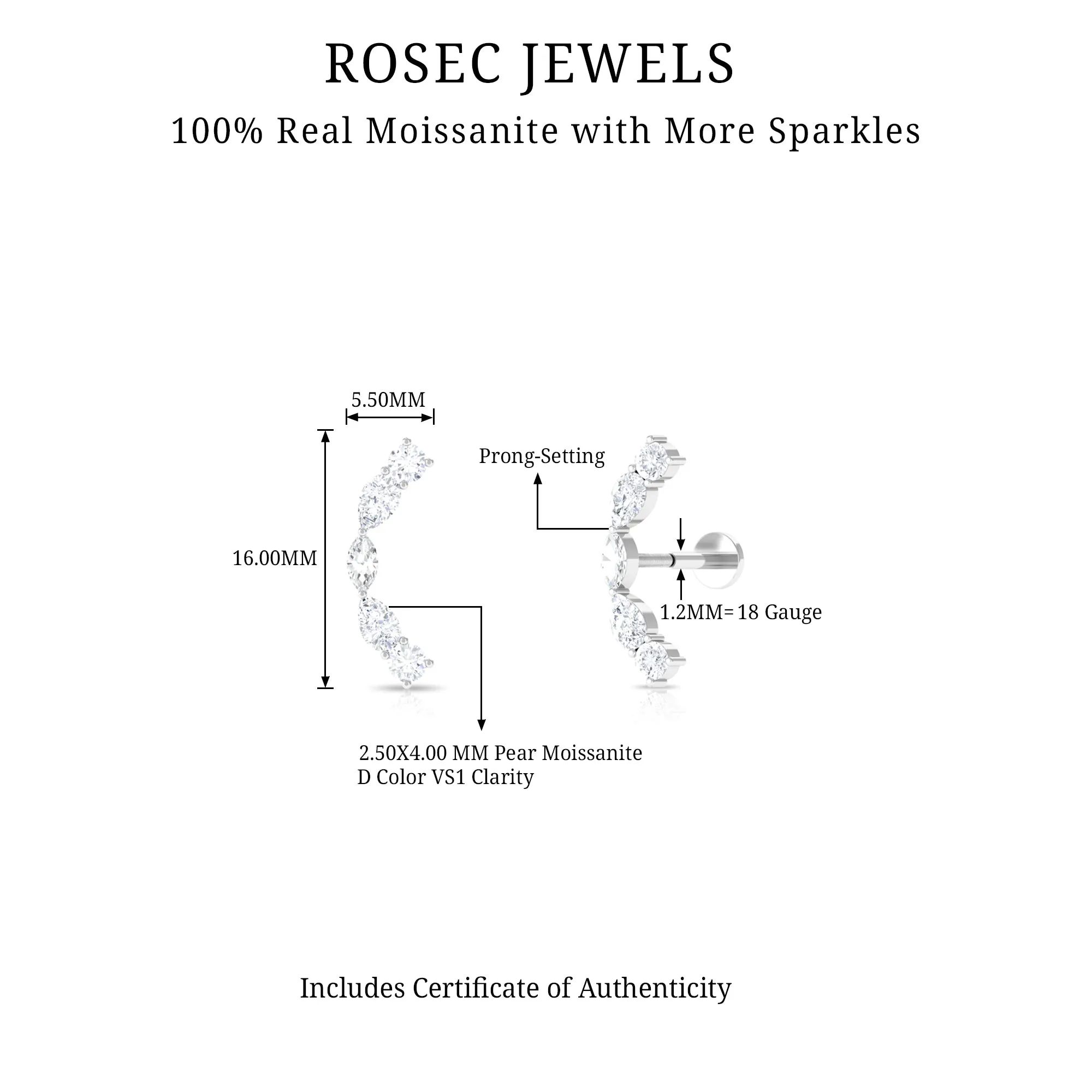 Simple Moissanite Curved Crawler Earring for Helix Piercing