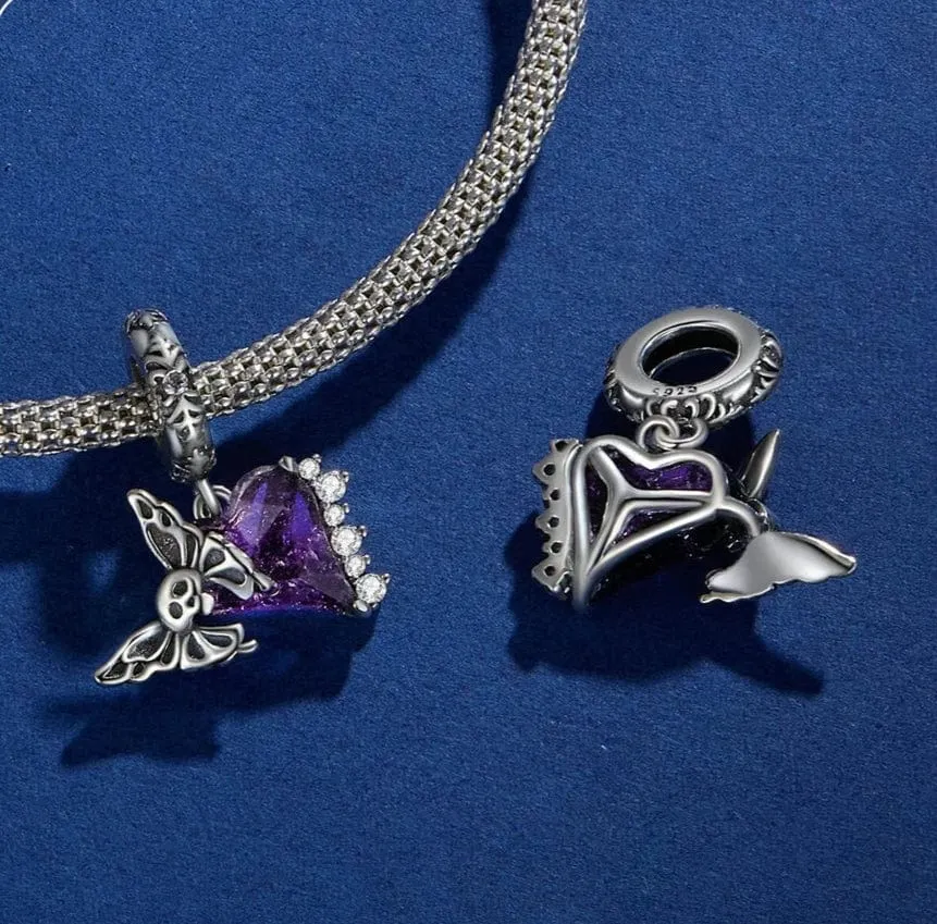 Skull Butterfly on Purple Heart Dangle Charm