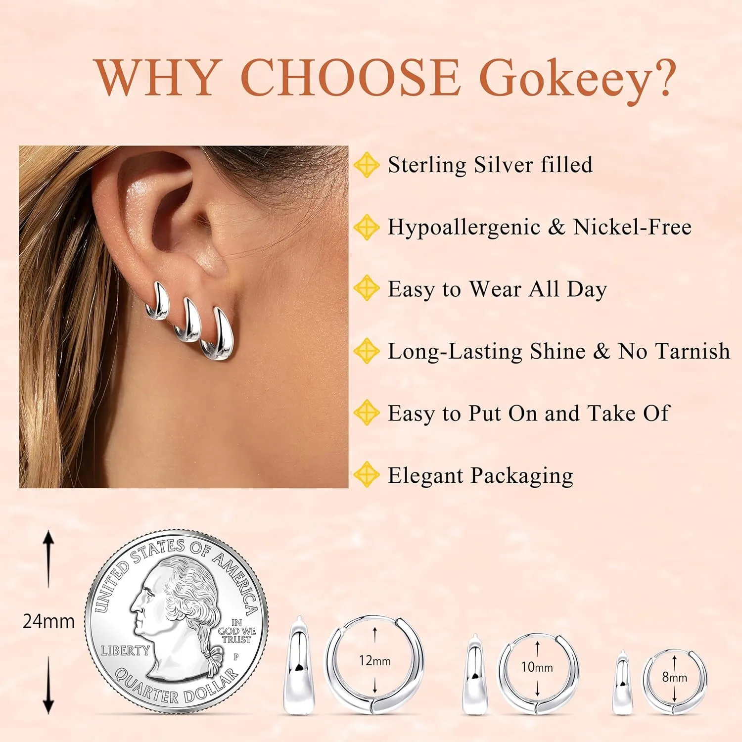 Small Gold Hoop Earrings Set for Women,14K Gold Plated Hypoallergenic Lightweight Thick Chunky Gold Hoops Huggie Earrings for Women Trendy Jewelry
