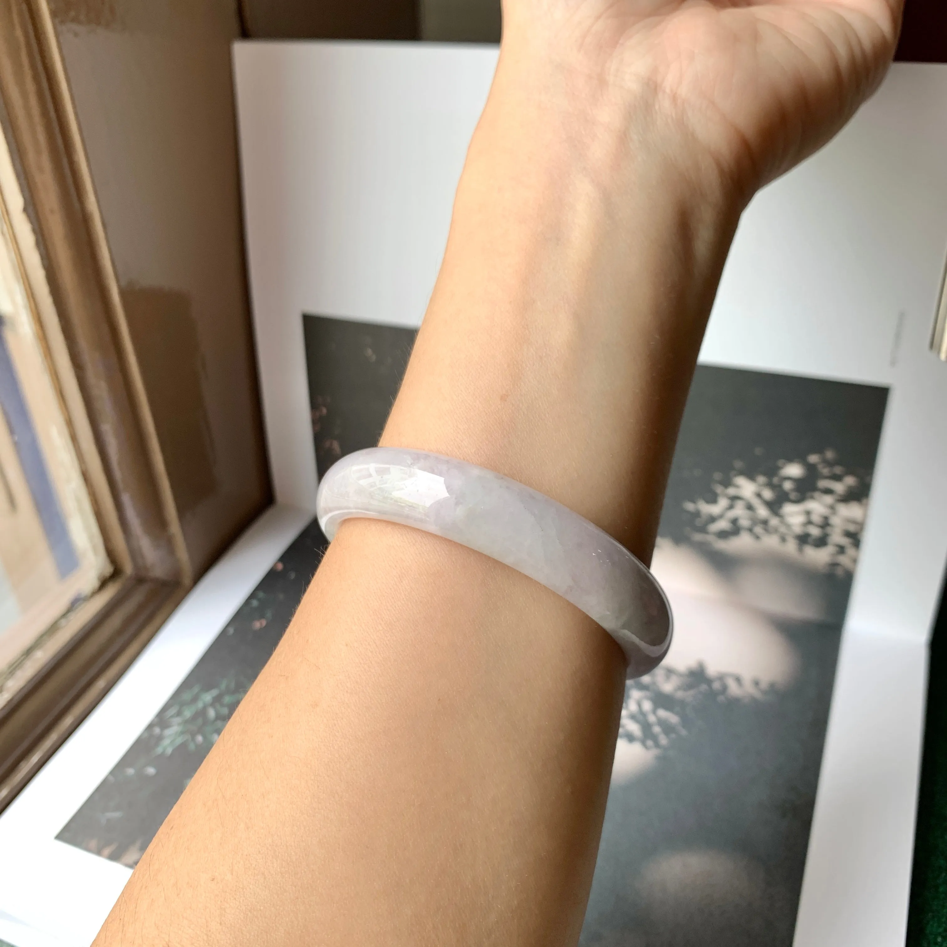 SOLD OUT: 53.2mm A-Grade Natural Light Lavender Green Jadeite Modern Round Bangle No.330088
