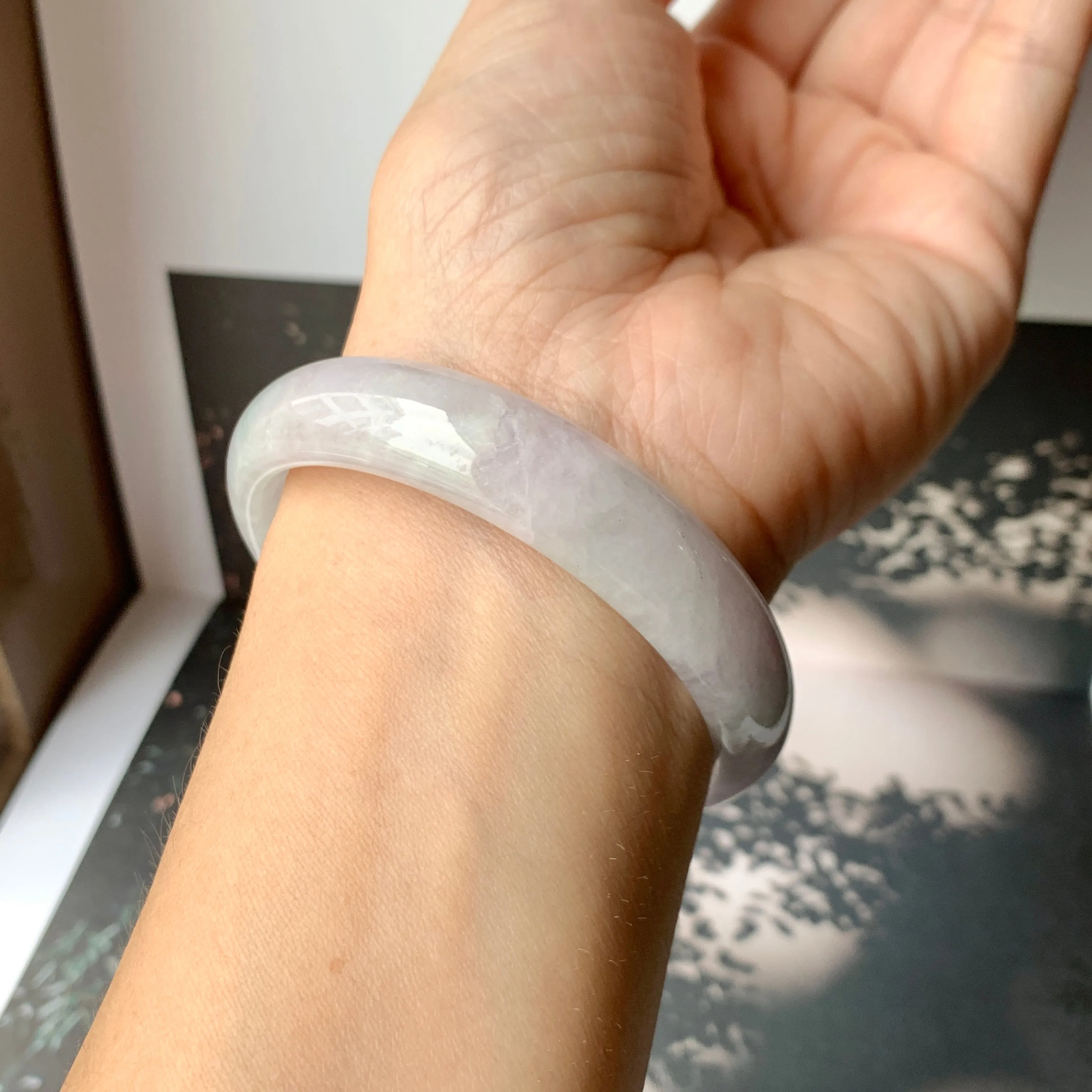 SOLD OUT: 53.2mm A-Grade Natural Light Lavender Green Jadeite Modern Round Bangle No.330088