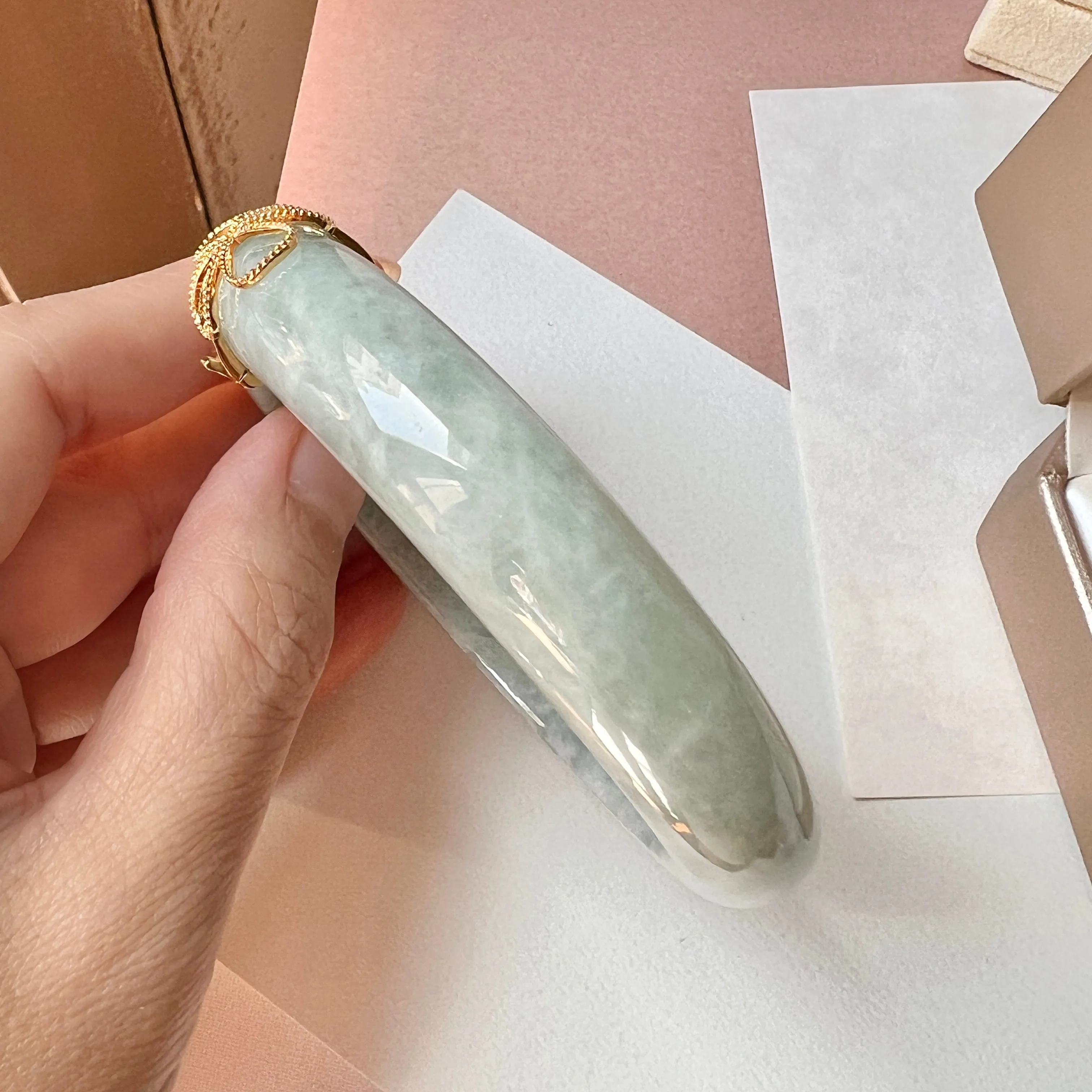 SOLD OUT: 58mm A-Grade Natural Light Green Jadeite Modern Round Bangle with M.Petals Embellishment No.151975