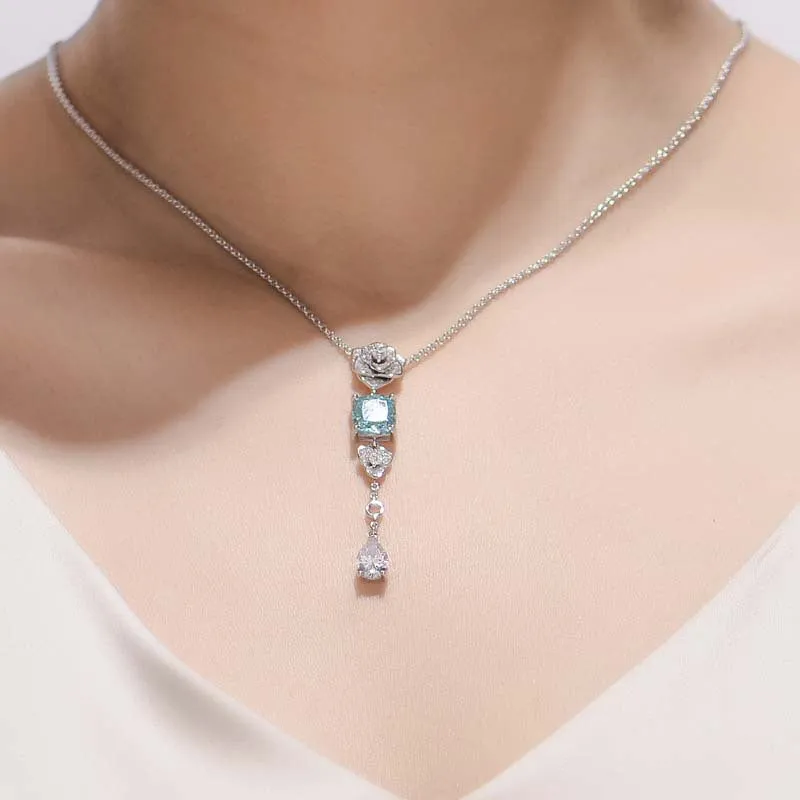Square Lake Blue Zircon Camellia Tassel Necklace