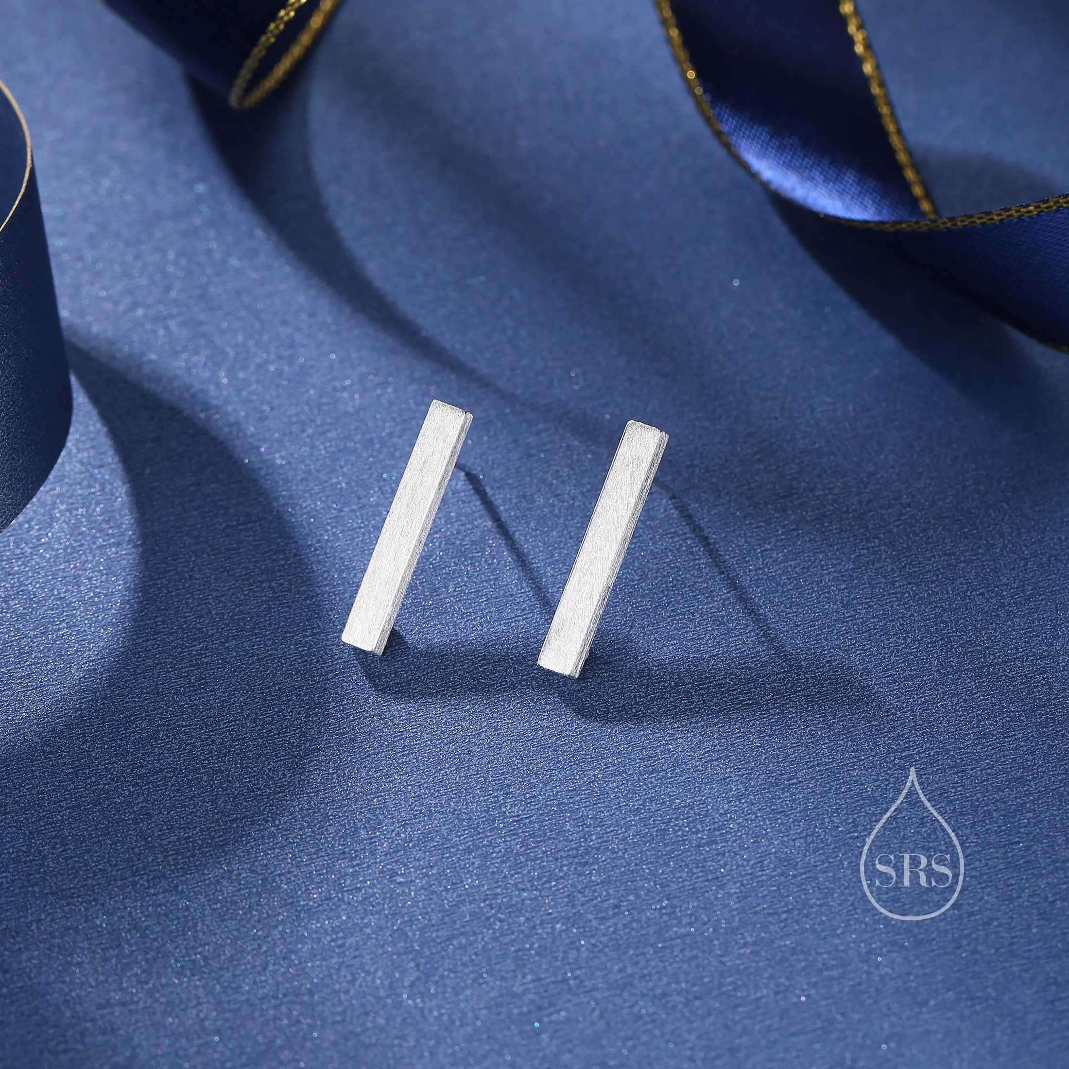 Sterling Silver Bar Stud Earrings with Satin Textured Finish, Minimalist Geometric Jewellery
