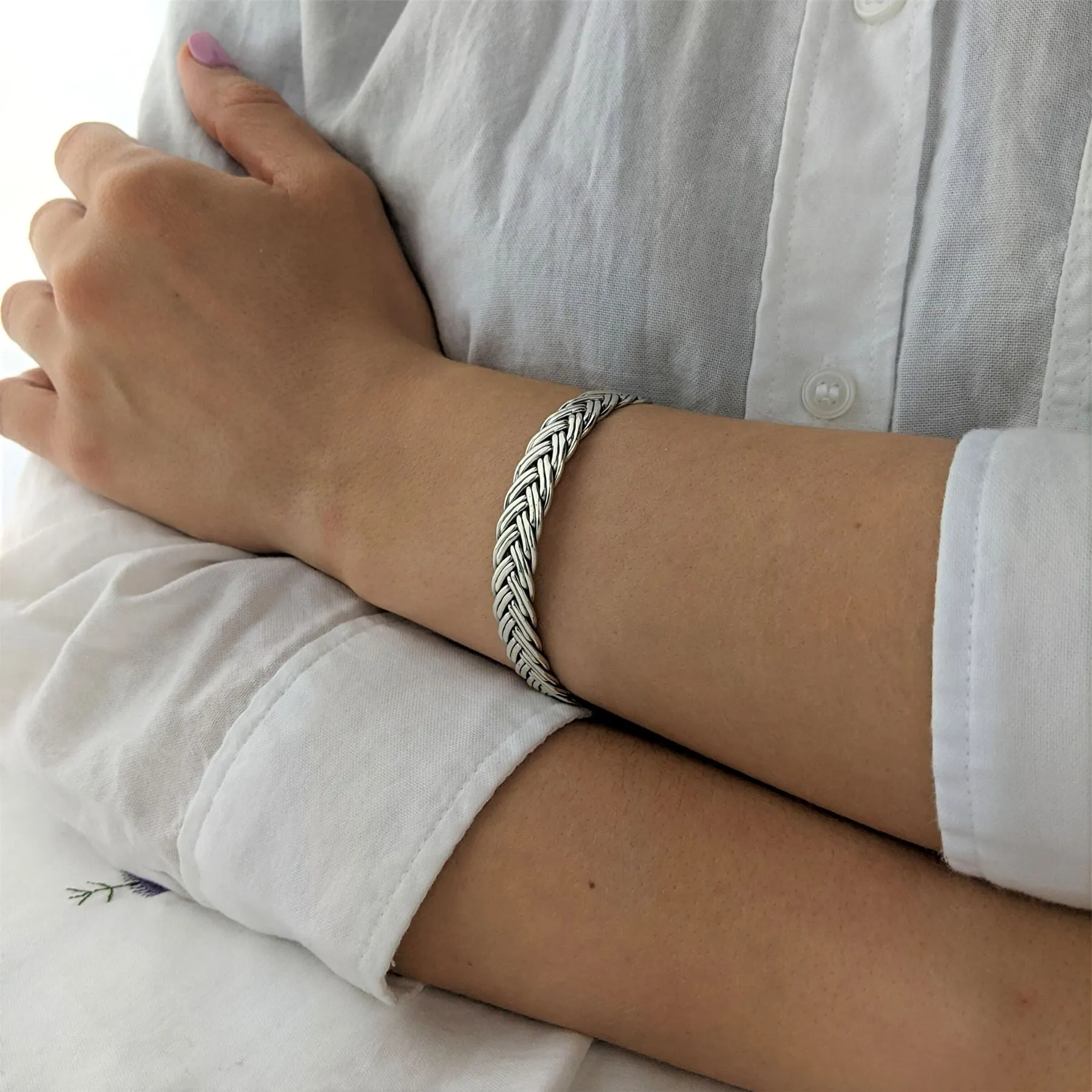 Sterling Silver Chunky Double Braid Woven Rope Wide Cuff Bangle