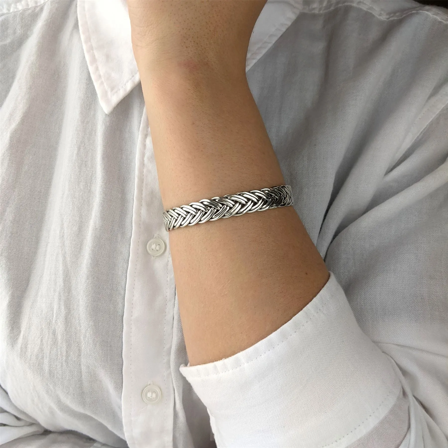 Sterling Silver Chunky Double Braid Woven Rope Wide Cuff Bangle