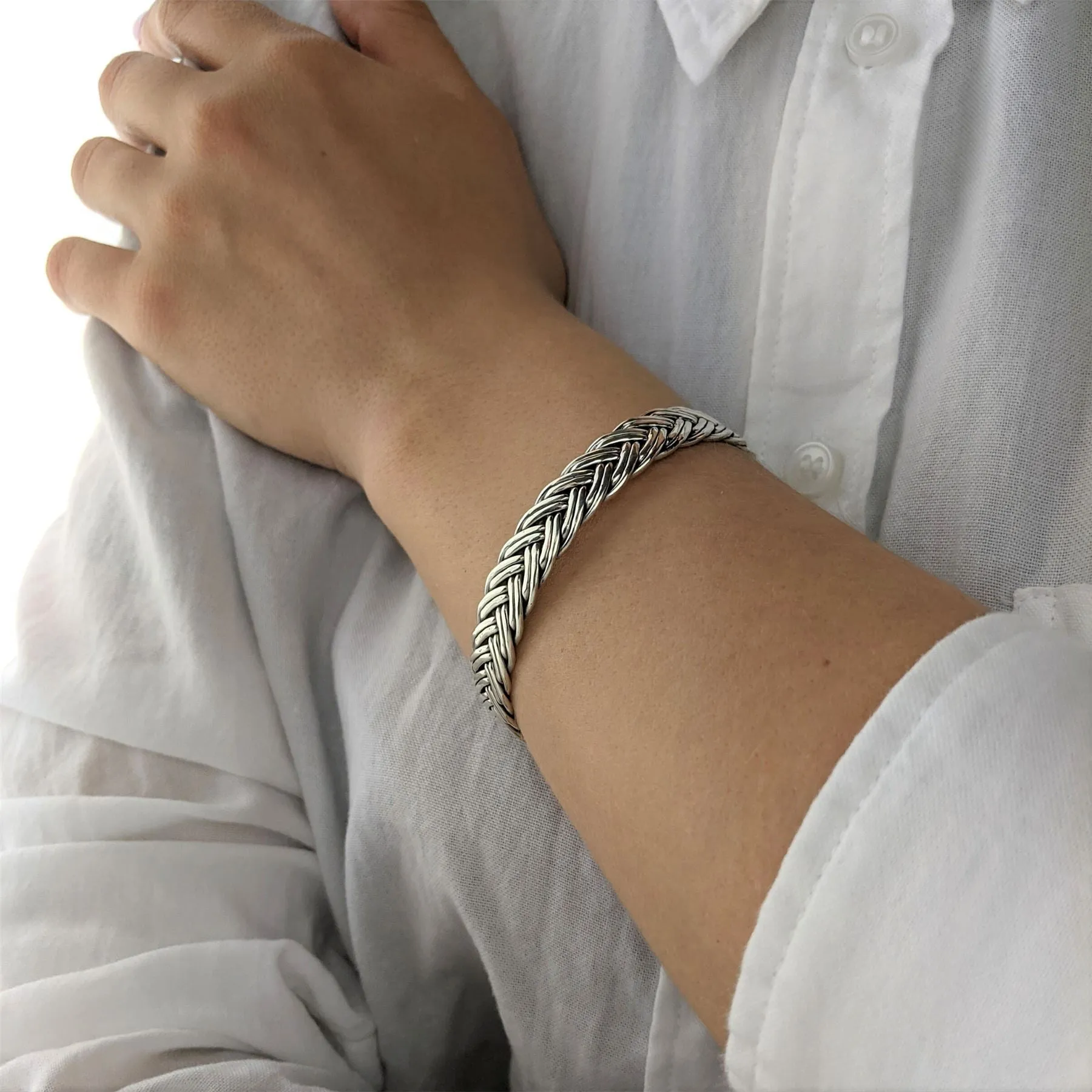 Sterling Silver Chunky Double Braid Woven Rope Wide Cuff Bangle
