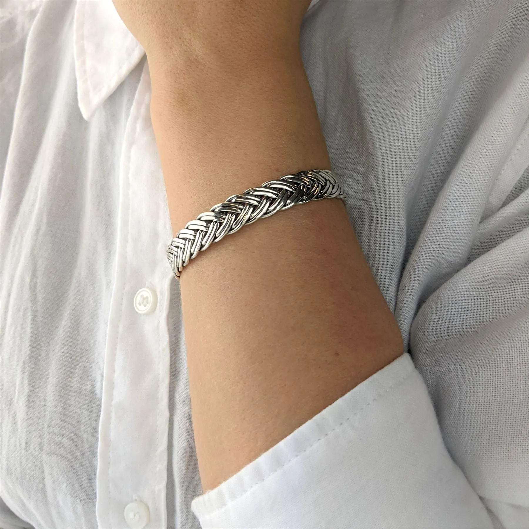Sterling Silver Chunky Double Braid Woven Rope Wide Cuff Bangle