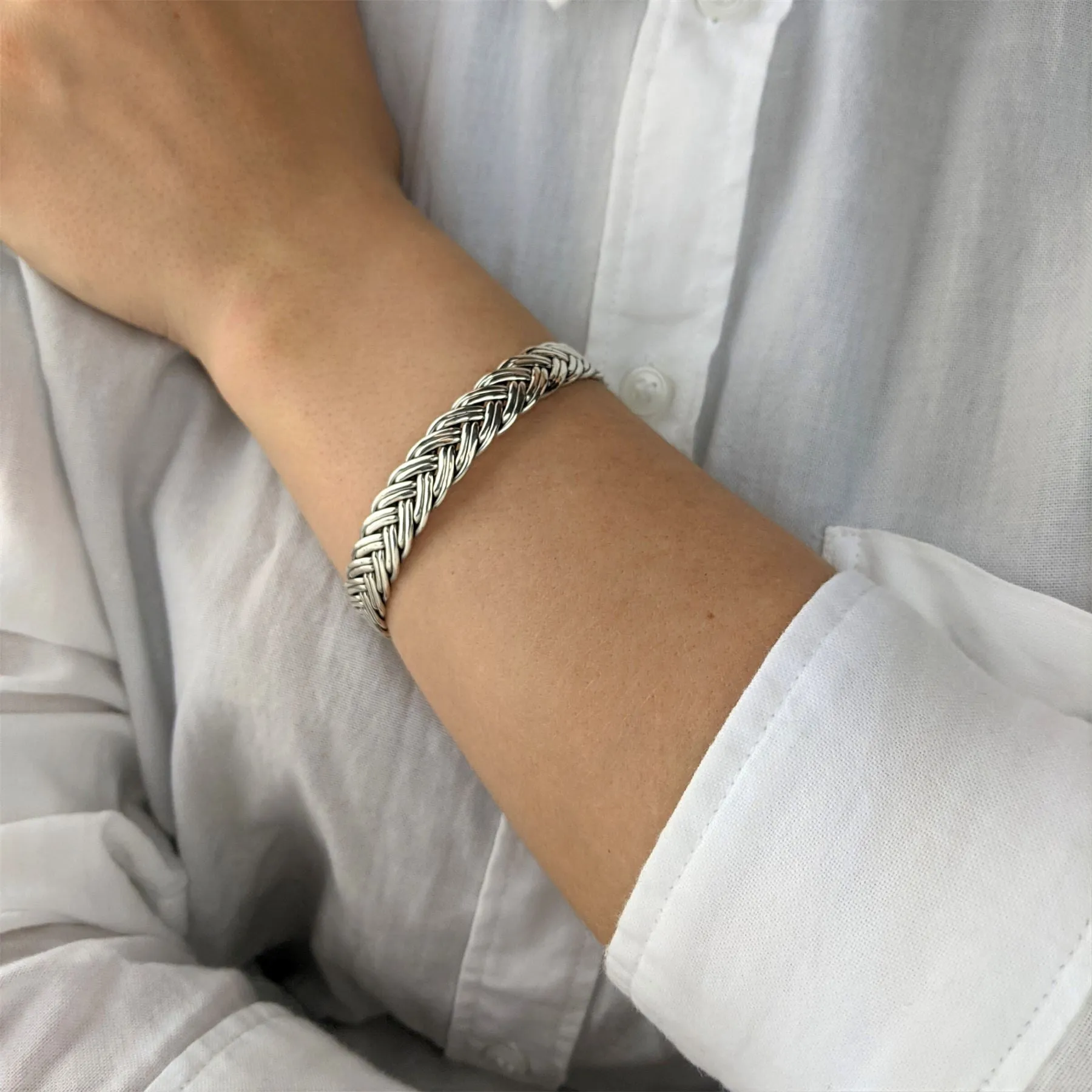 Sterling Silver Chunky Double Braid Woven Rope Wide Cuff Bangle
