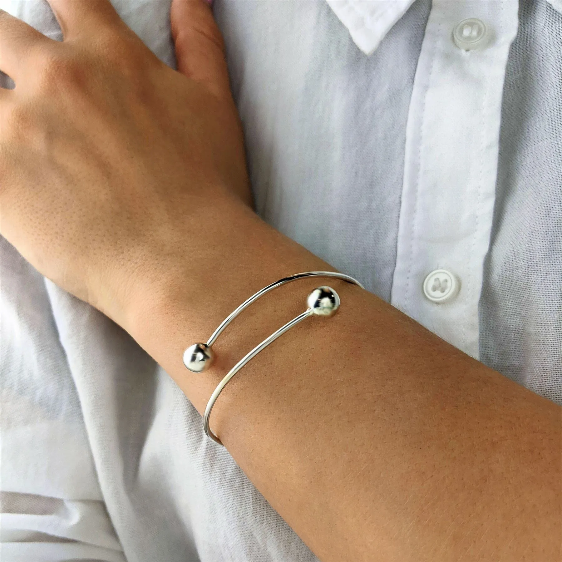 Sterling Silver Double Ball Overlapping Wrap Thin Adjustable Bangle
